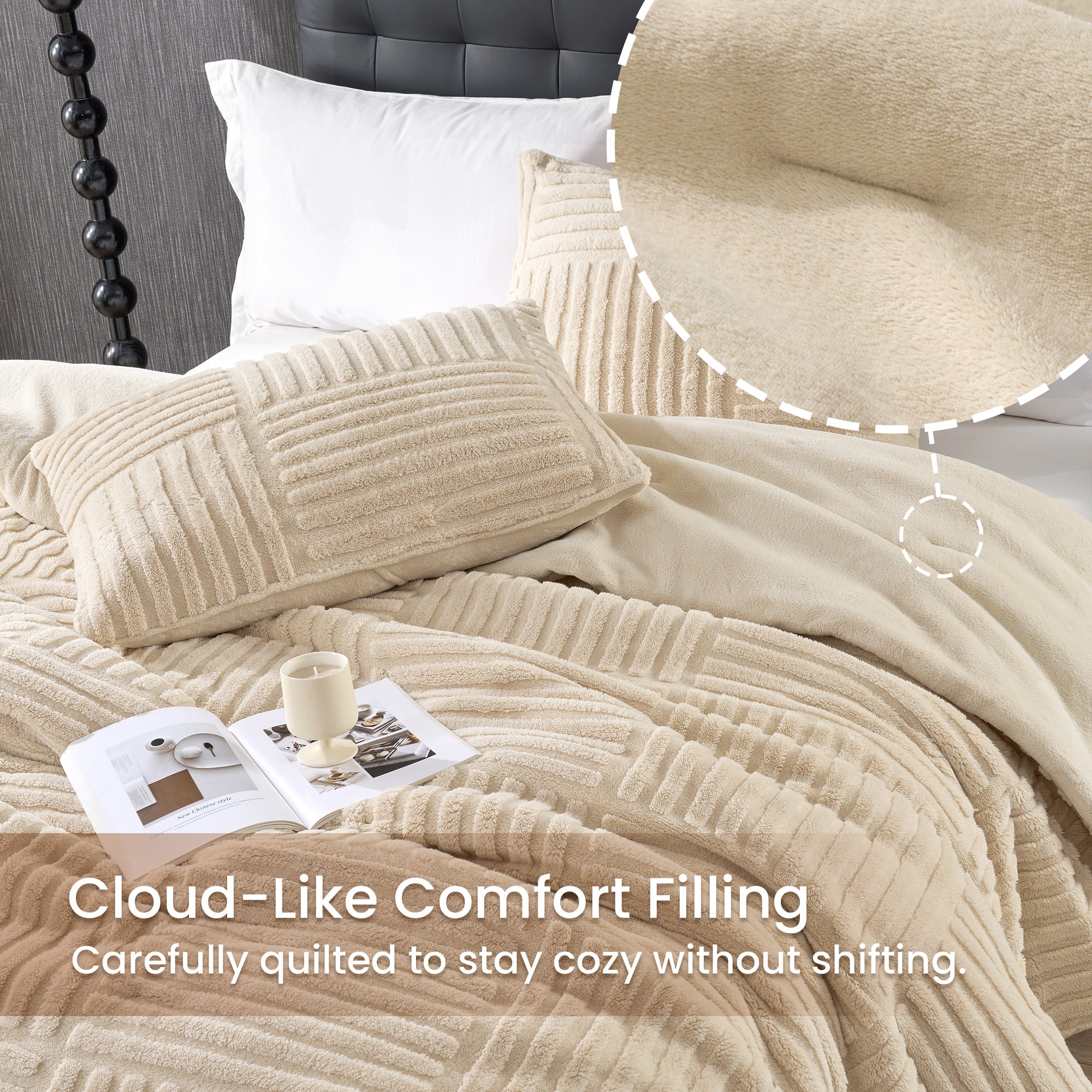 Textured comforter on a bed with pillows and a cup, emphasizing cloud-like comfort.#color_Khaki