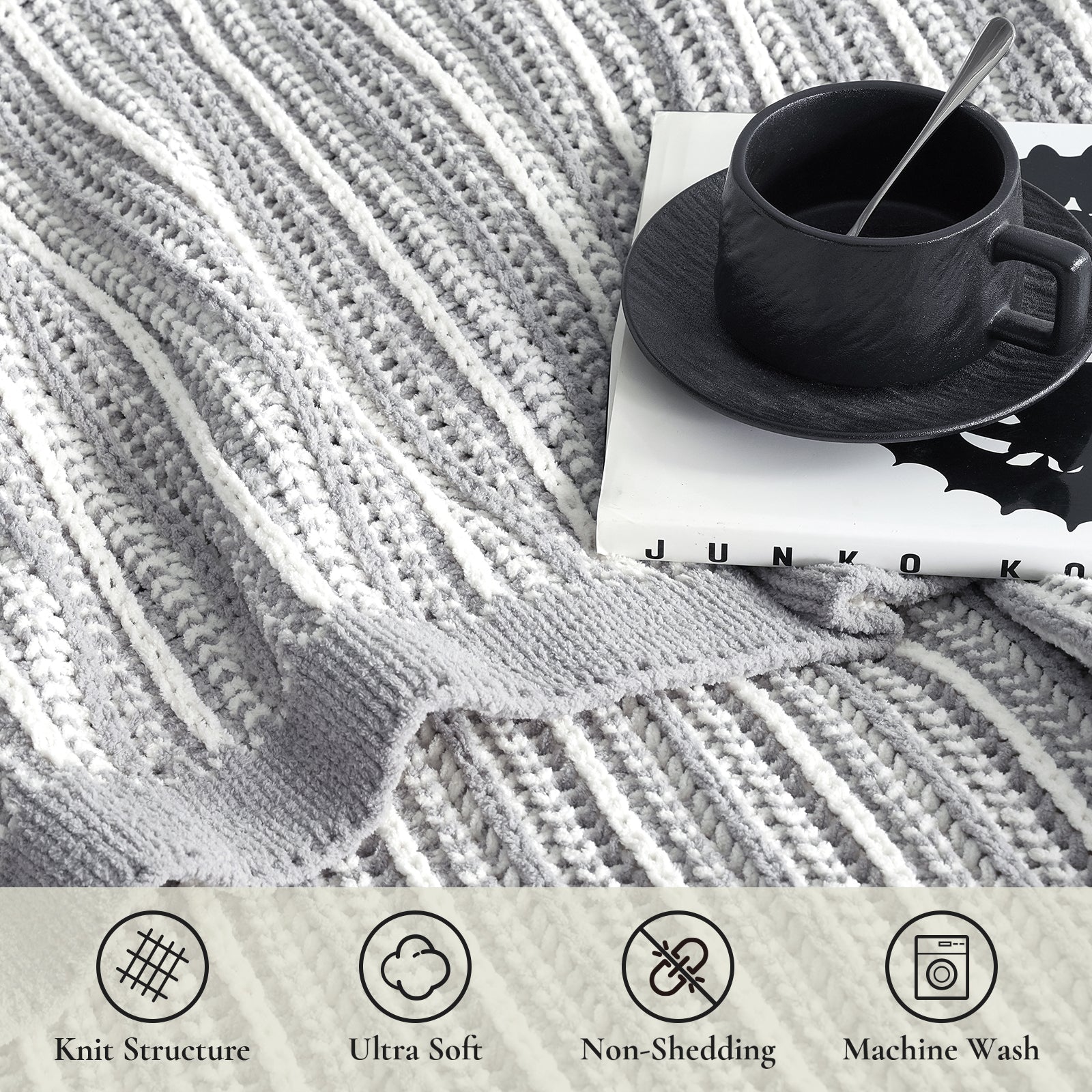 Two tone striped chenille knit throw blanket in Gray and White close up showing knit structure ultra soft touch non shedding and machine washable features #color_Gray&White