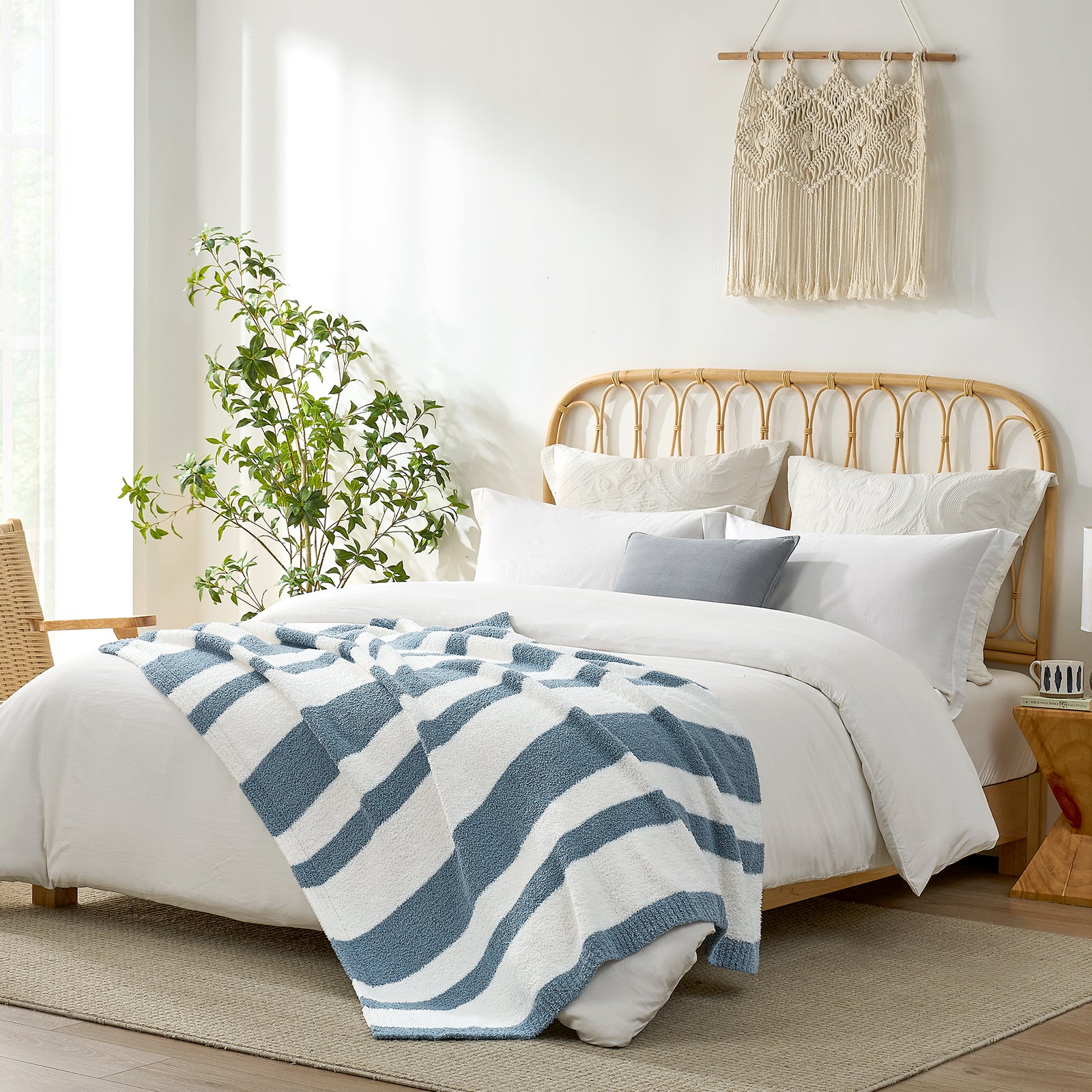 SnugCozy Reversible Blue Striped Feather Yarn Knit Throw Blanket