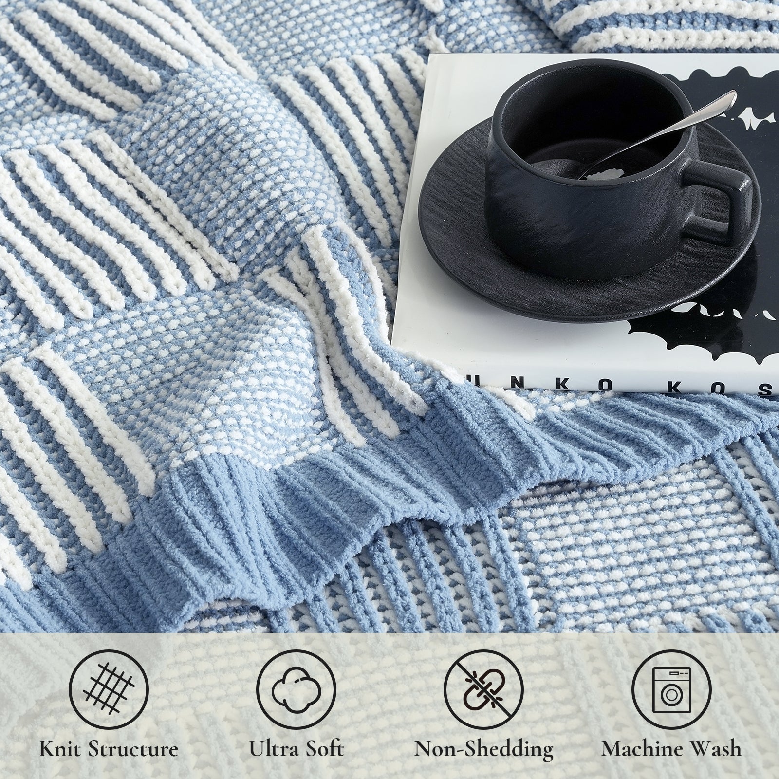 Close up of two tone checkered chenille knit throw blanket in Blue showing knit structure ultra soft feel non shedding and machine washable features #color_Blue