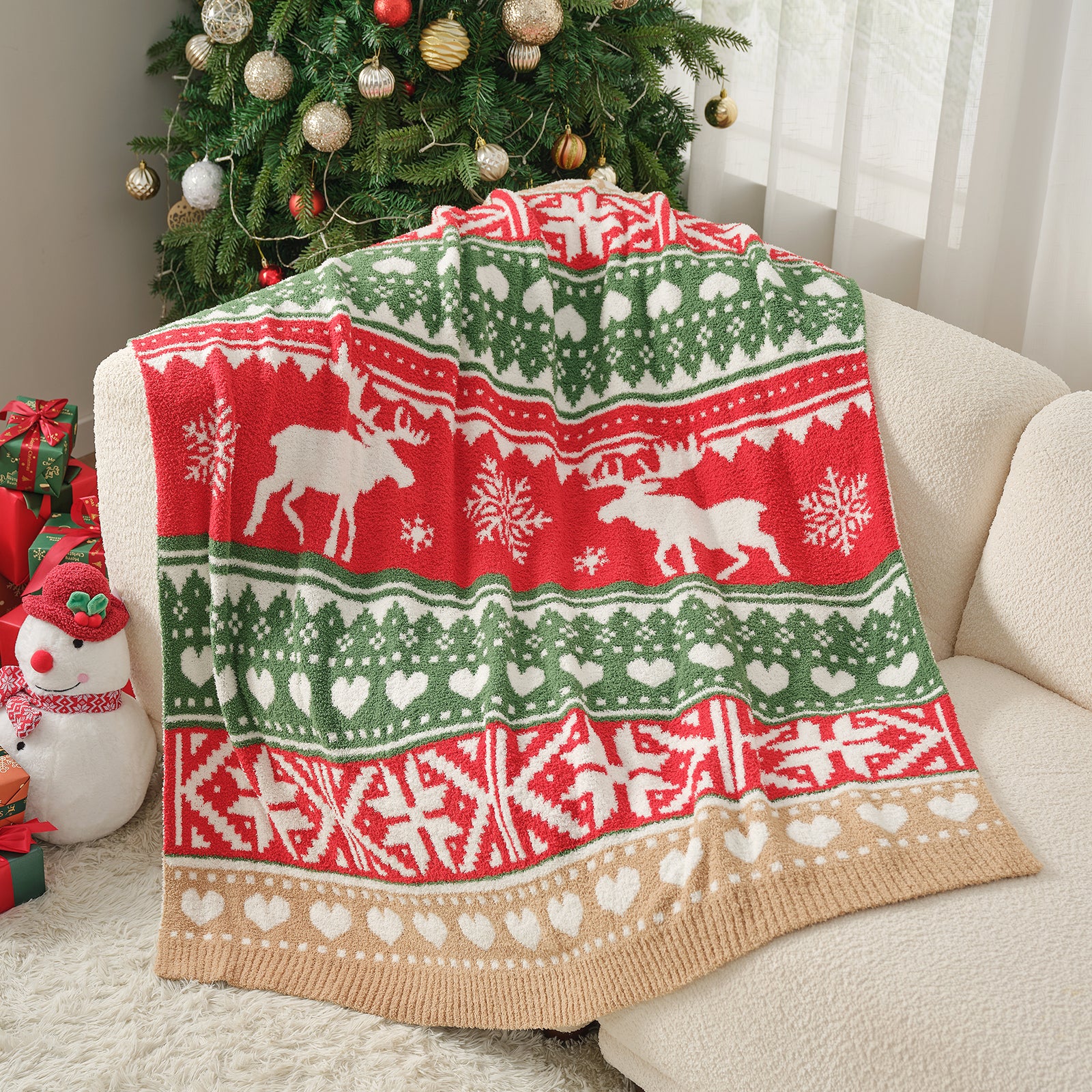 Reversible Fairy Isle Reindeer Christmas Throw Blanket