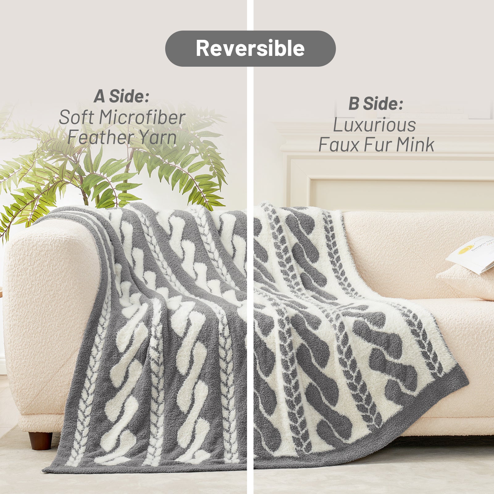 Snuggle Sac reversible cable faux fur knit throw blanket in gray and white showing soft microfiber feather yarn on one side and luxurious faux fur mink on the other.#color_Gray