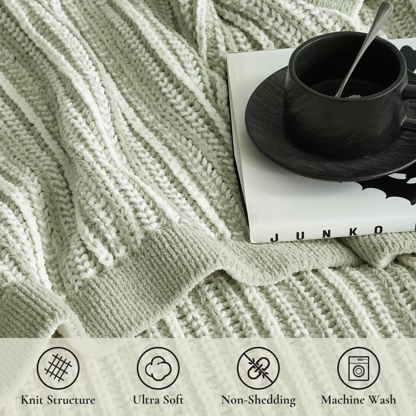 Detailed view of striped chenille knit throw blanket in Sage Green with two tone design featuring soft feel durable non shedding construction and machine washable performance #color_Sage Green