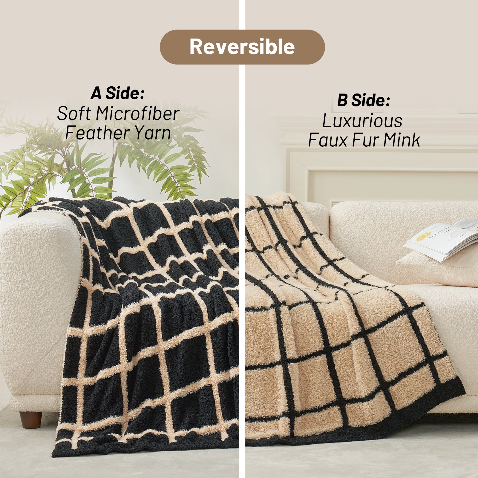 Snuggle Sac reversible Checkered Faux Fur Knit Throw Blanket shown on a couch with text describing soft microfiber feather yarn and luxurious faux fur mink sides.#color_Black