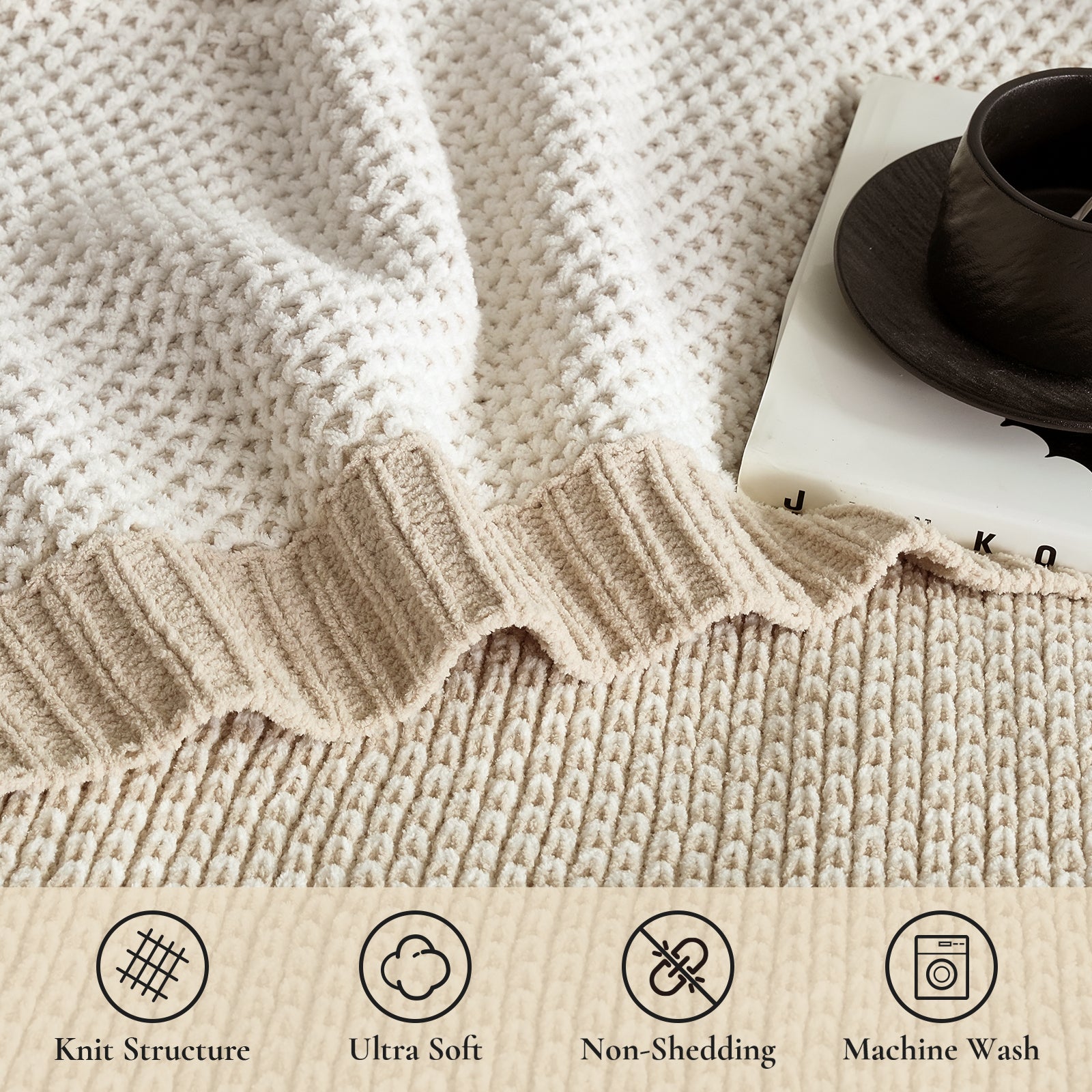 Close up of two tone honeycomb chenille knit throw blanket in Khaki and White highlighting textured weave softness non shedding fabric and easy machine wash care #color_Khaki