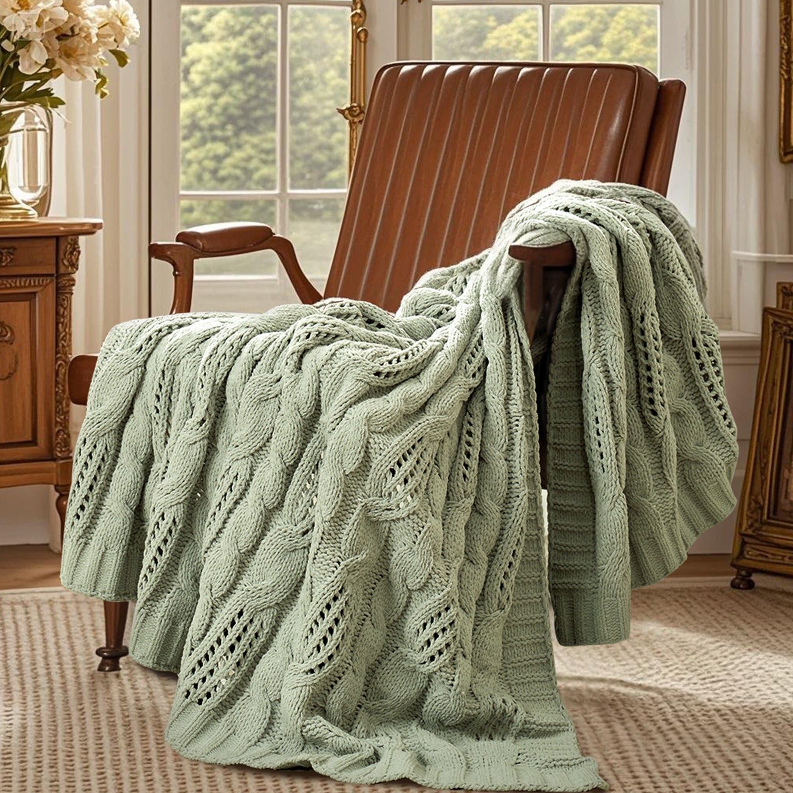 Snuggle Sac cable chenille knit throw blanket in Sage Green draped over a chair creating a cozy corner #color_Sage Green