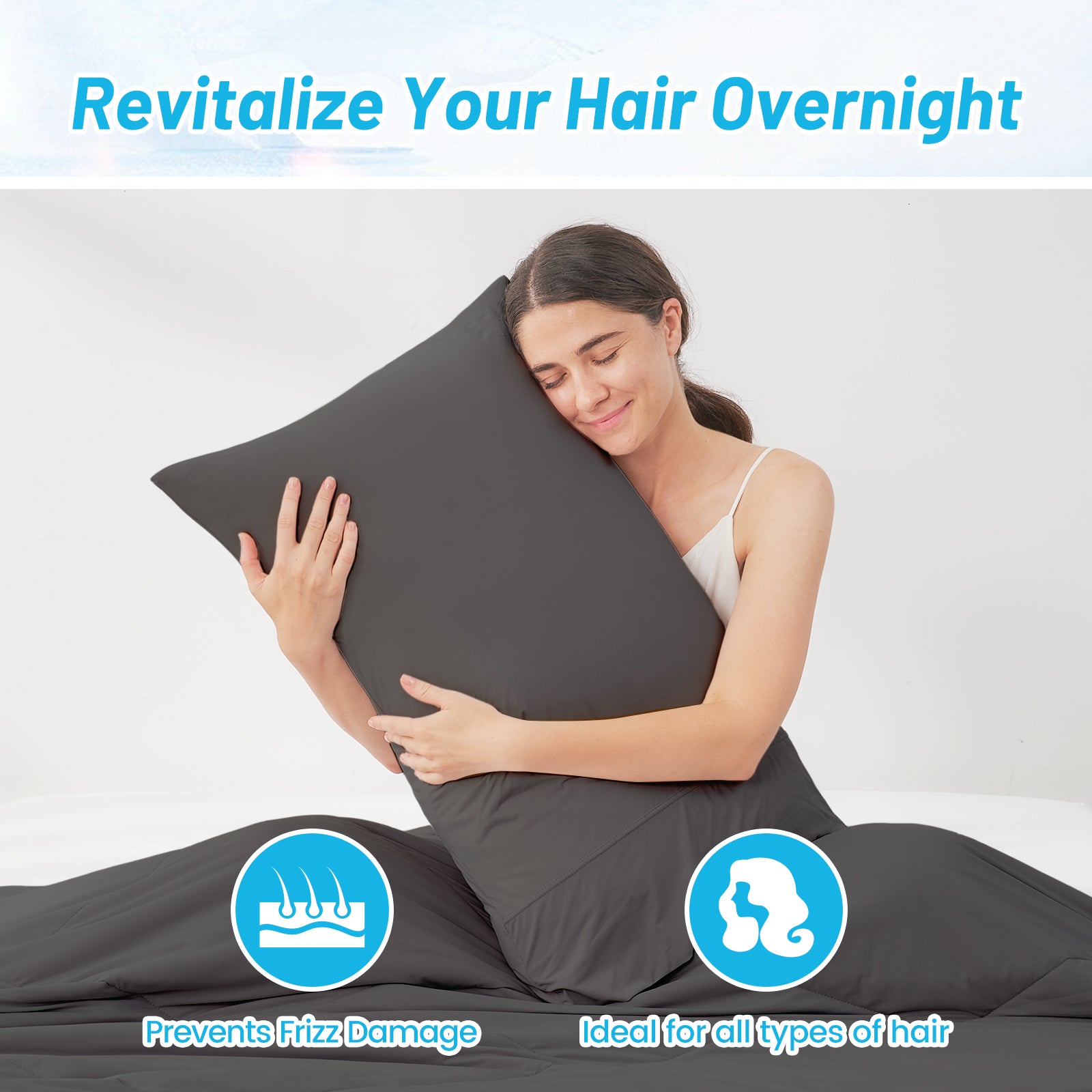 Woman holding a gray pillow with text 'Revitalize Your Hair Overnight' and icons indicating benefits.#color_Charcoal Grey