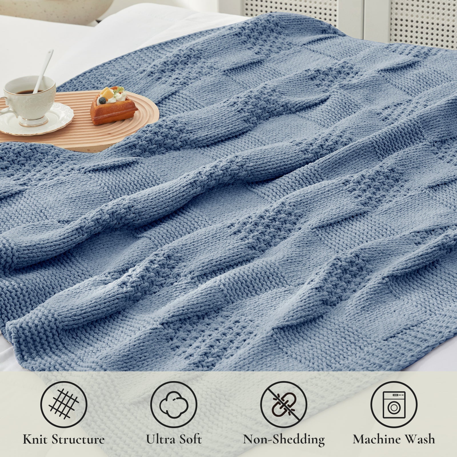 Close up of two tone checkered chenille knit throw blanket in Washing Blue showing knit structure ultra soft feel non shedding and machine washable features #color_Washing Blue