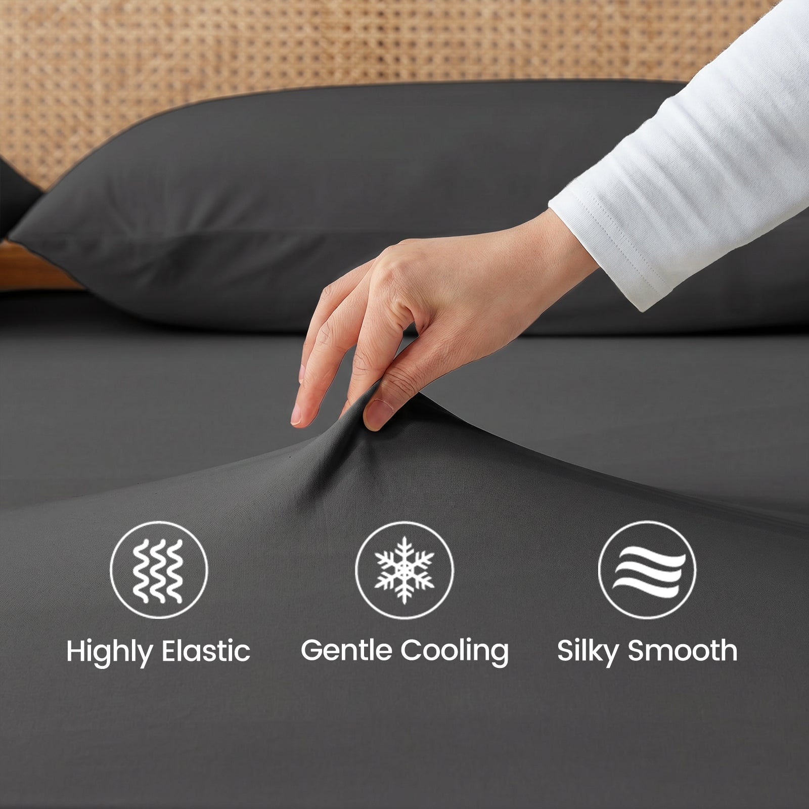 Close up of high elastic, silk smooth and cooling fabric in Snuggle Sac sheet set.#color_Charcoal Grey