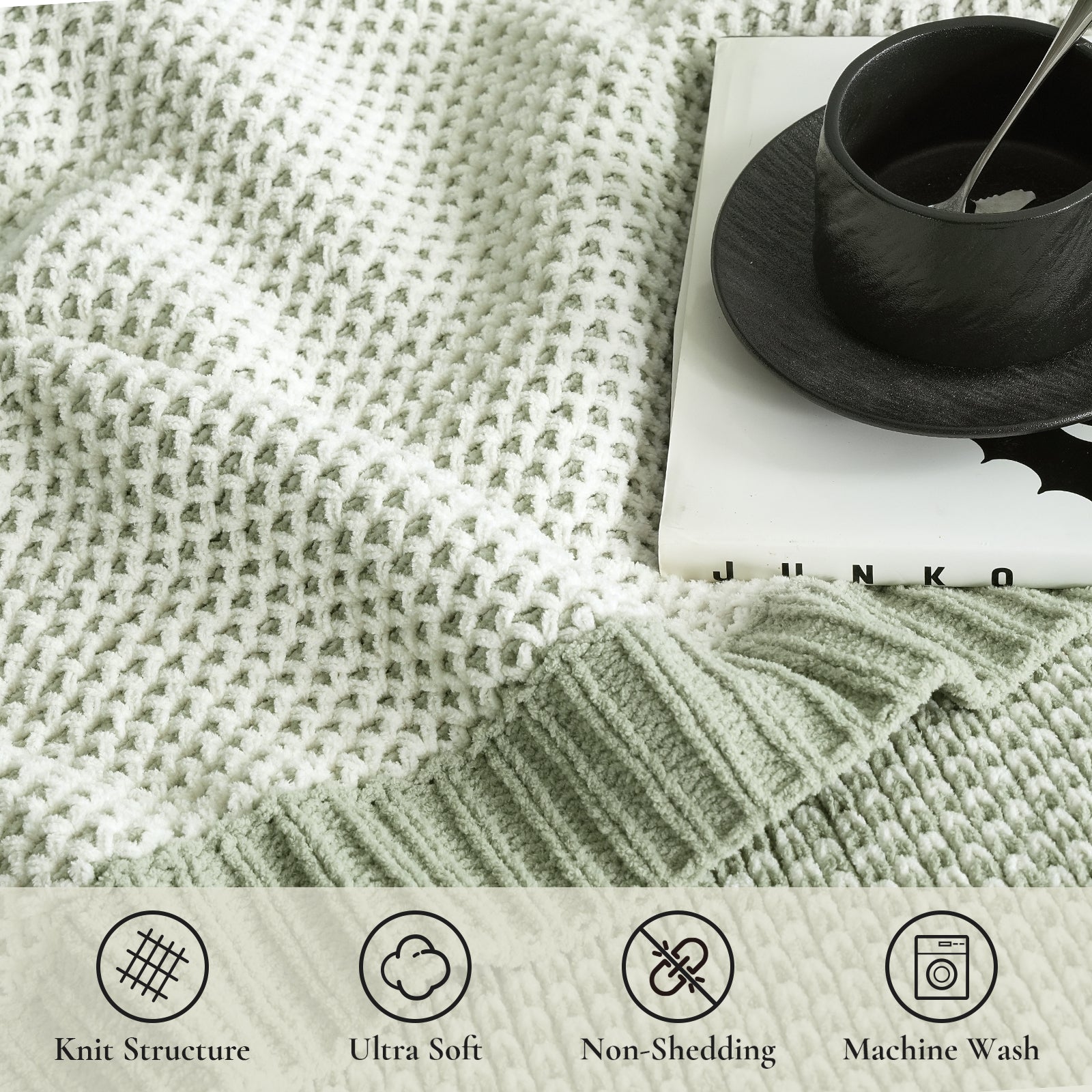 Detailed view of honeycomb chenille knit throw blanket in Sage Green with two tone design featuring soft feel durable non shedding construction and machine washable performance #color_Sage Green
