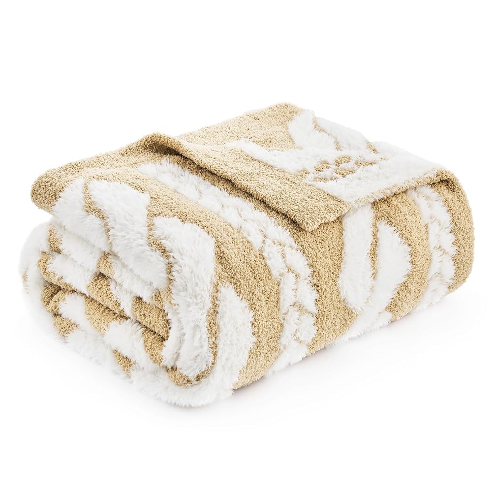 Snuggle Sac cable pattern Faux Fur Knit Throw Blanket in beige and white front view.#color_Beige