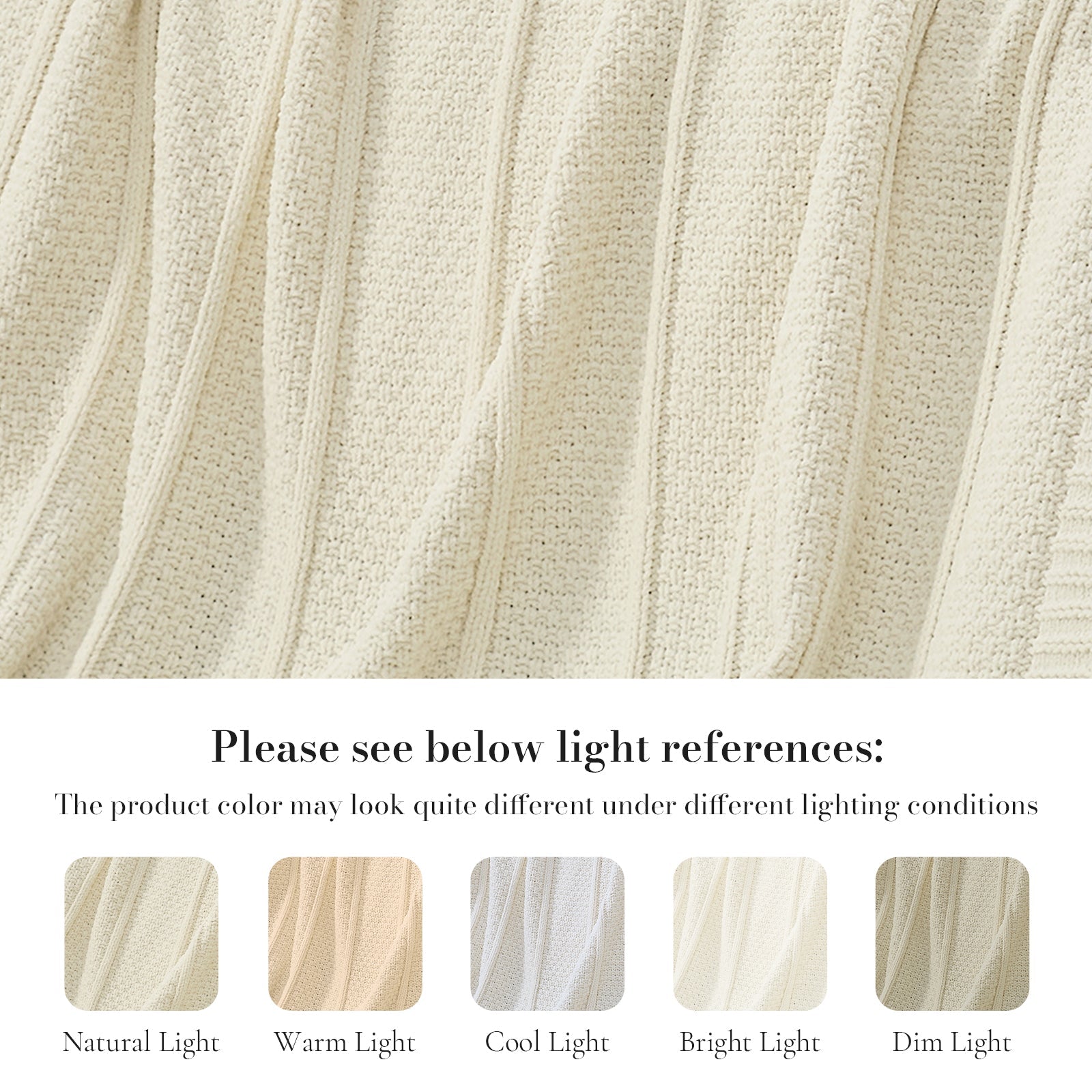 Close-up of textured fabric blanket in Ivory with light reference swatches below. #color_Ivory