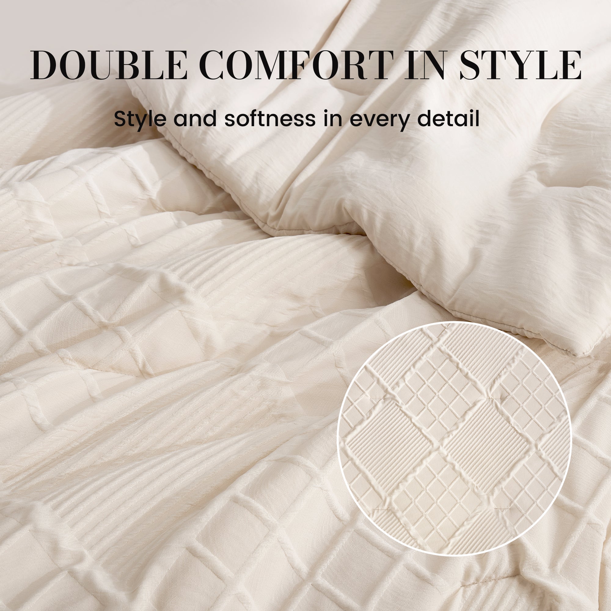 Snuggle Sac Cooling comforter with double comfort design in beige on bed #color_Beige