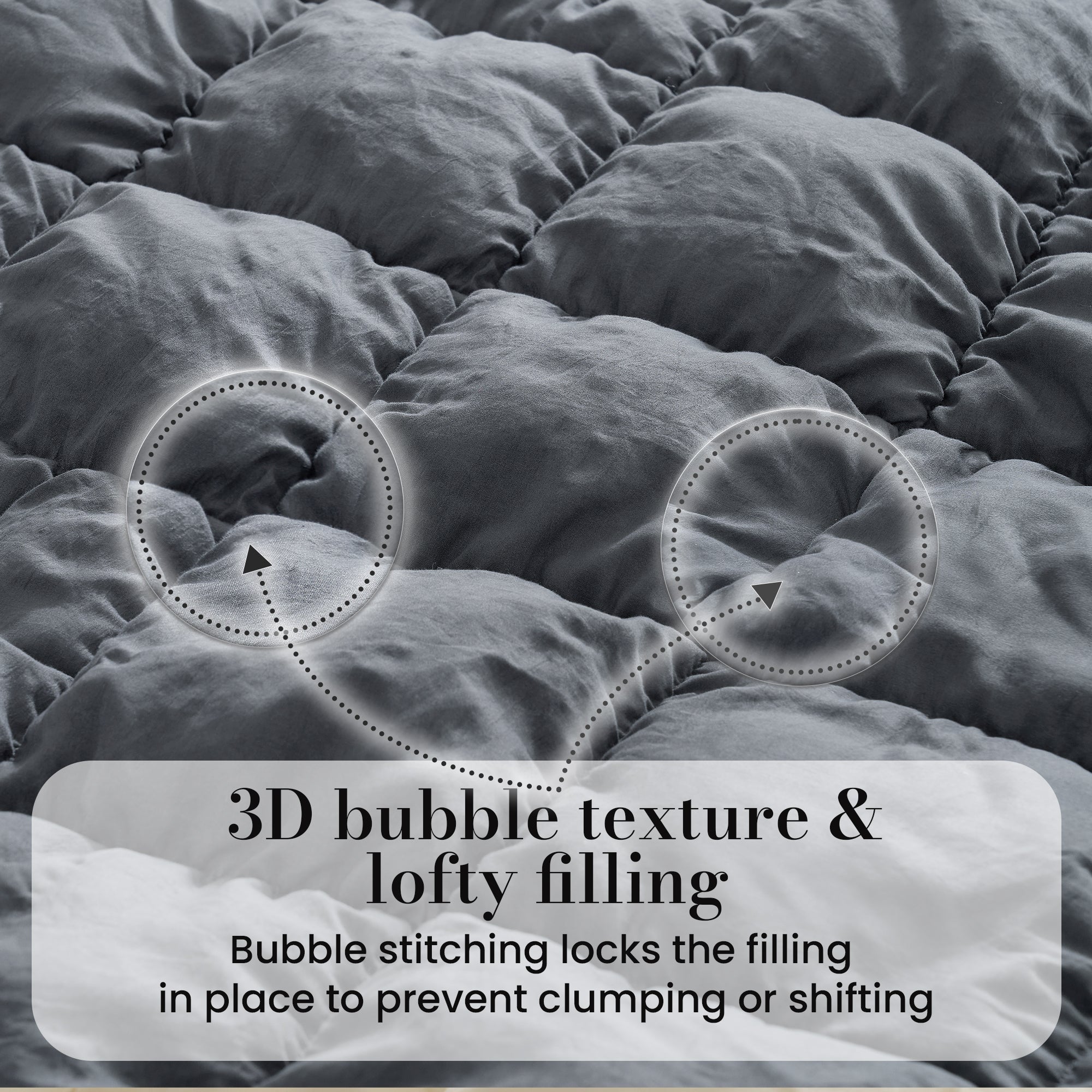 Close up of SnugCozy All-Season Bubble Comforter Set, featuring 3D bubble texture and loft filling#color_Dark Grey