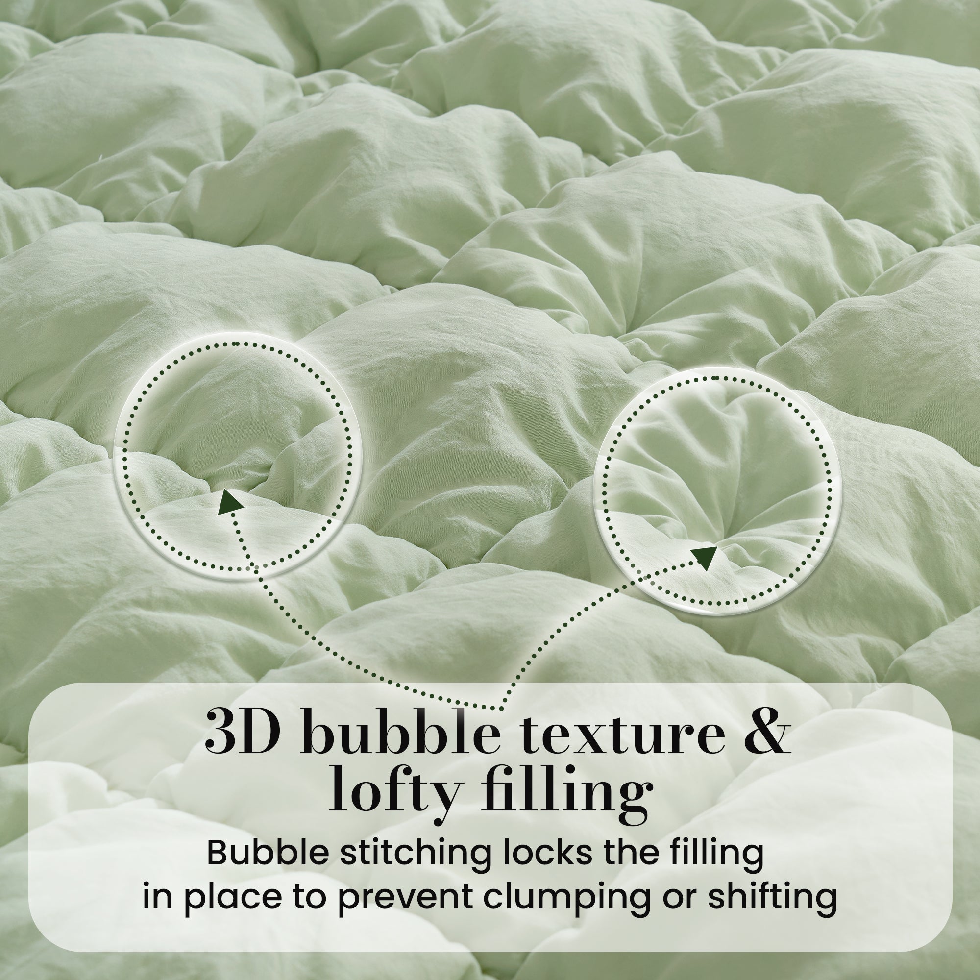 Close up of SnugCozy All-Season Bubble Comforter Set, featuring 3D bubble texture and loft filling#color_Sage Green