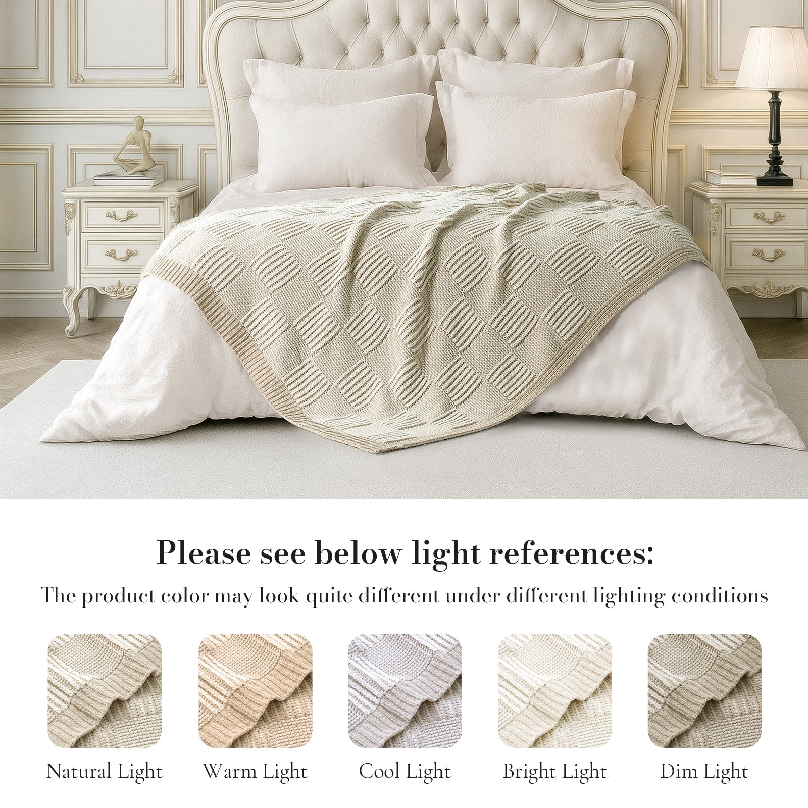 Two tone checkered chenille knit throw blanket in Khaki layered on bed with lighting reference showing color variations #color_Khaki