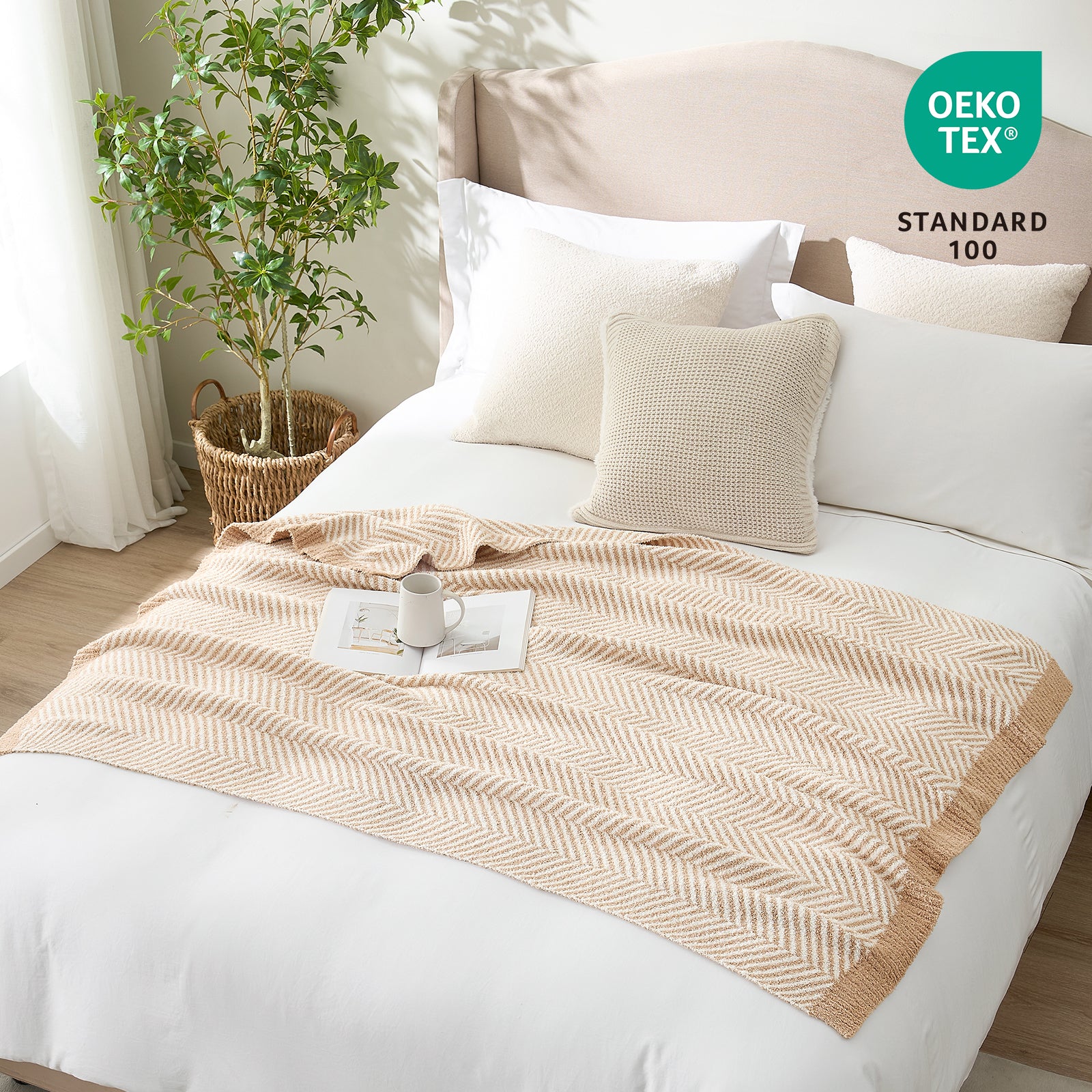 Snuggle Sacs Herringbone Feather Yarn Knit Throw Blanket on the bed with OEKO-TEX Certificate#color_Beige