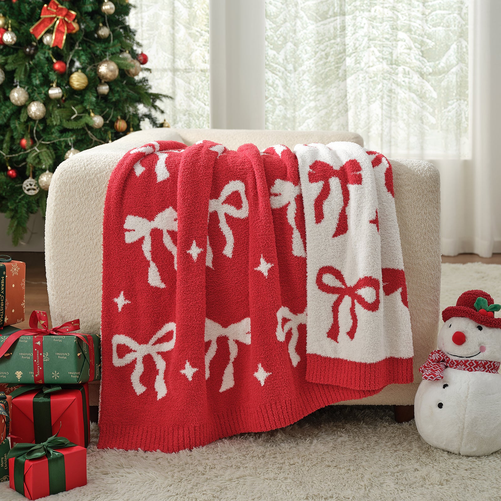 Reversible Red Bow Christmas Throw Blanket