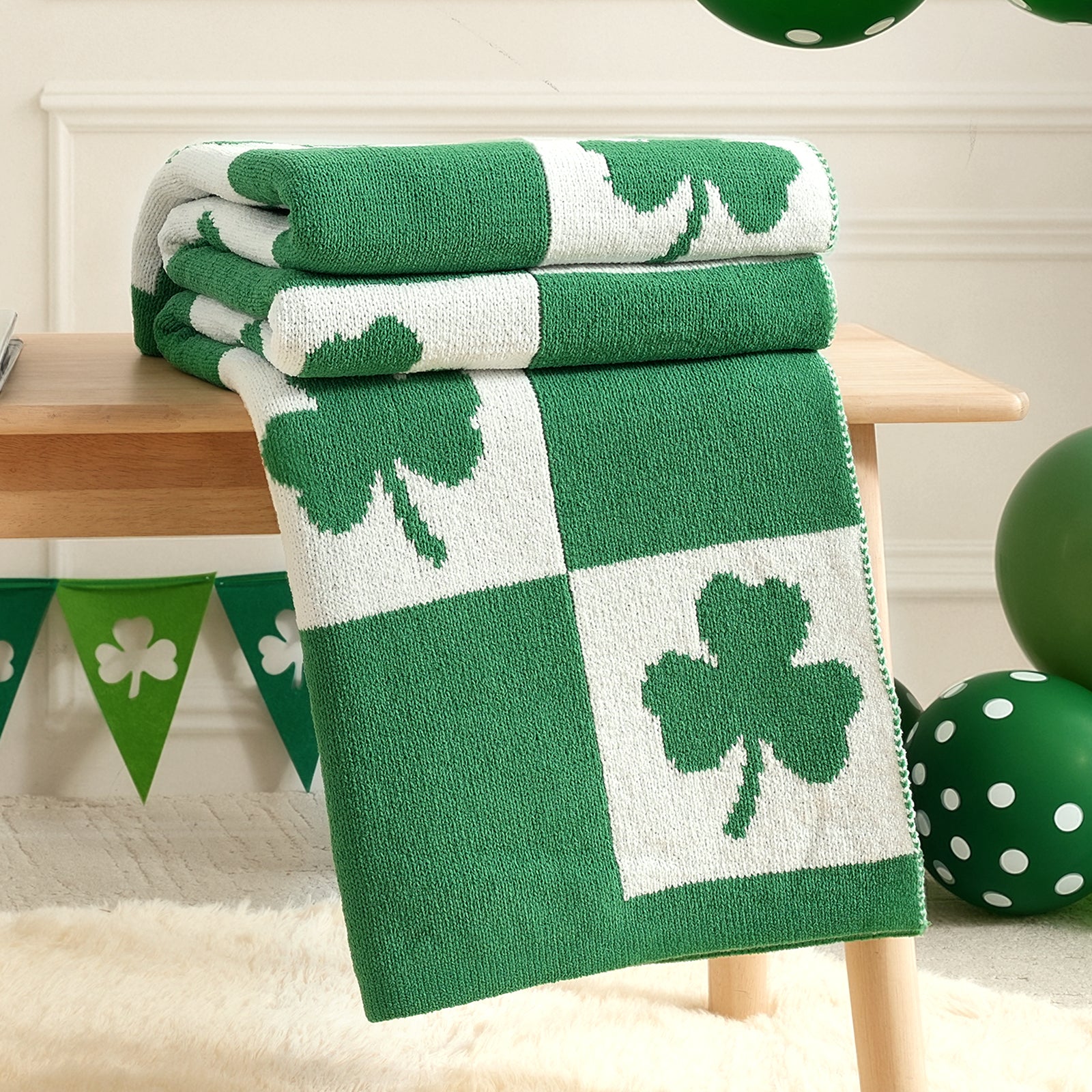 SnugCozy Lucky Shamrock Chenille Knit Throw Blanket
