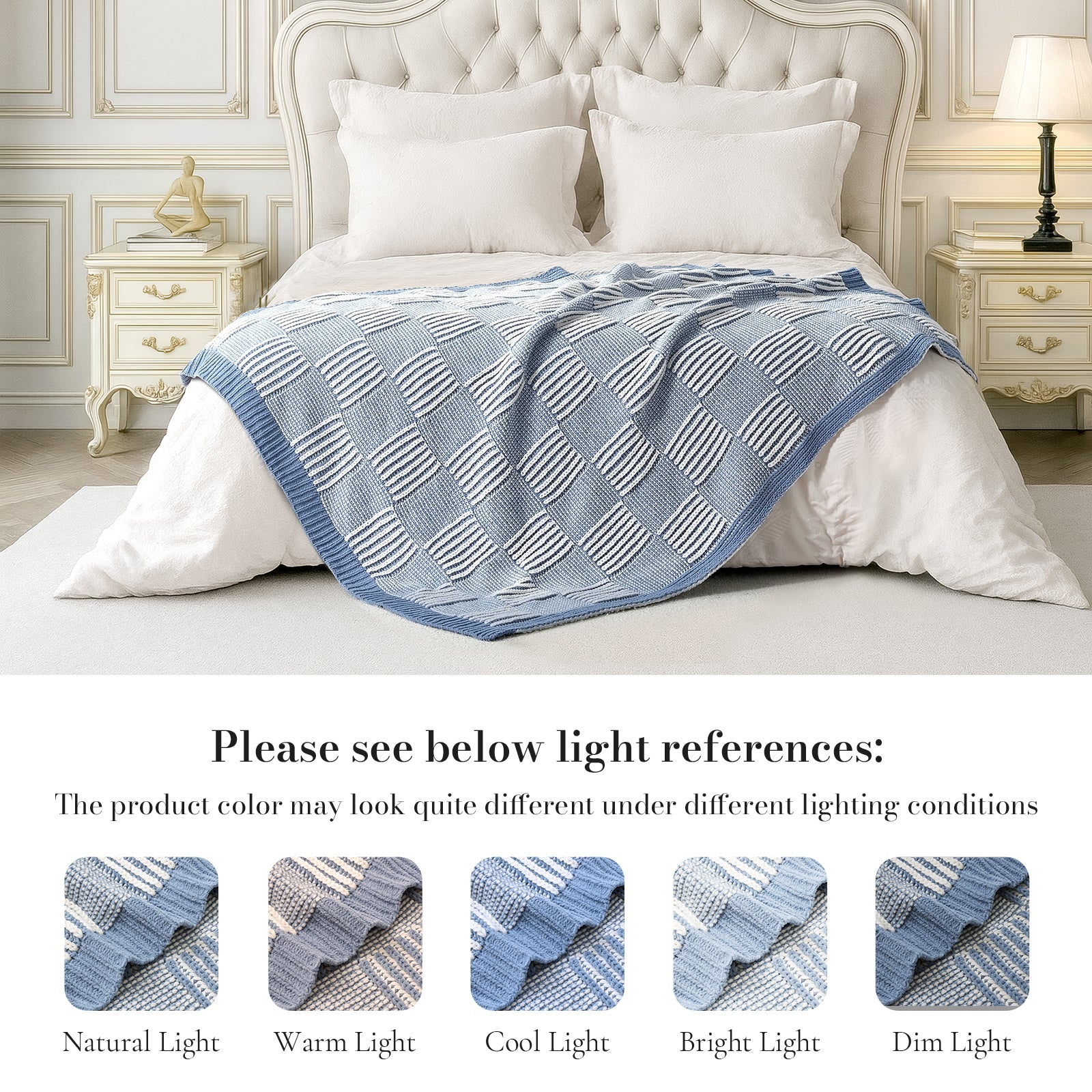 Two tone checkered chenille knit throw blanket in Blue layered on bed with lighting reference showing color variations #color_Blue