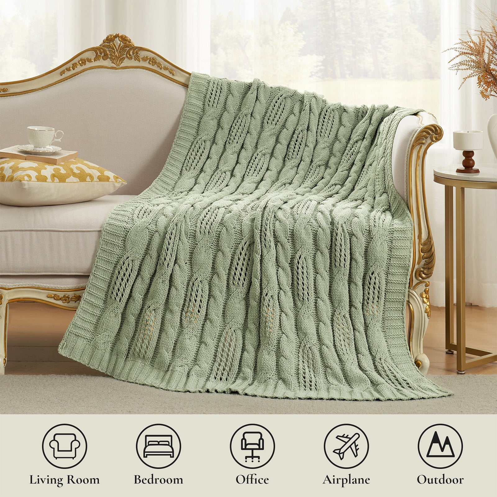 Cable chenille knit throw blanket in Sage Green suitable for living room bedroom office travel and outdoor use #color_Sage Green