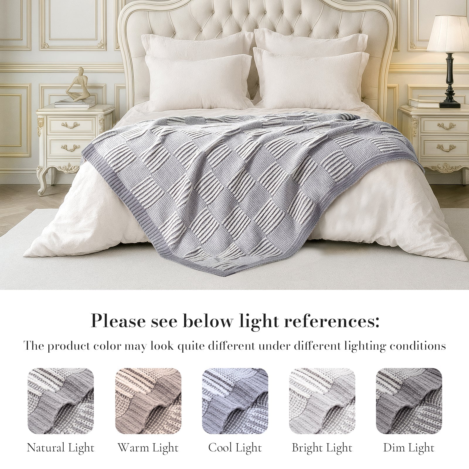 Two tone checkered chenille knit throw blanket in Gray layered on bed with lighting reference showing color variations #color_Gray