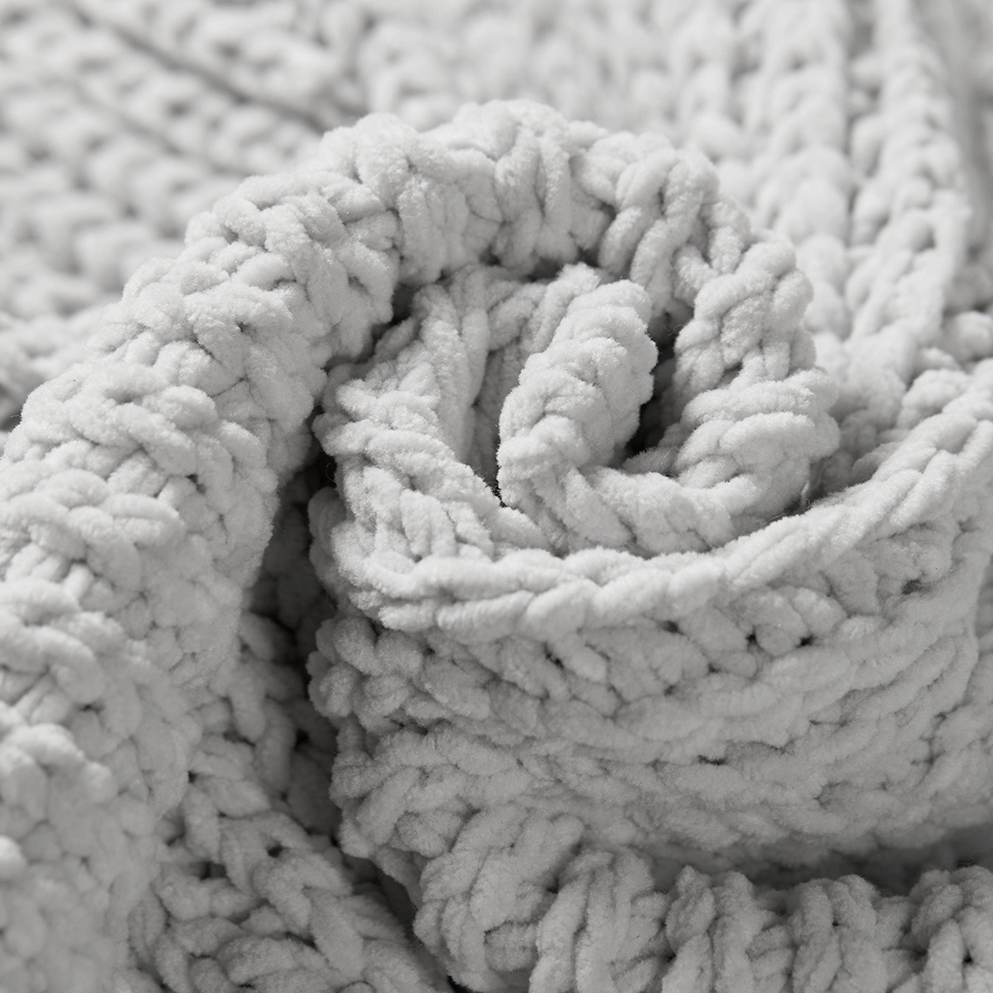 Close up of plush chenille knit loops highlighting soft texture #color_Light Grey