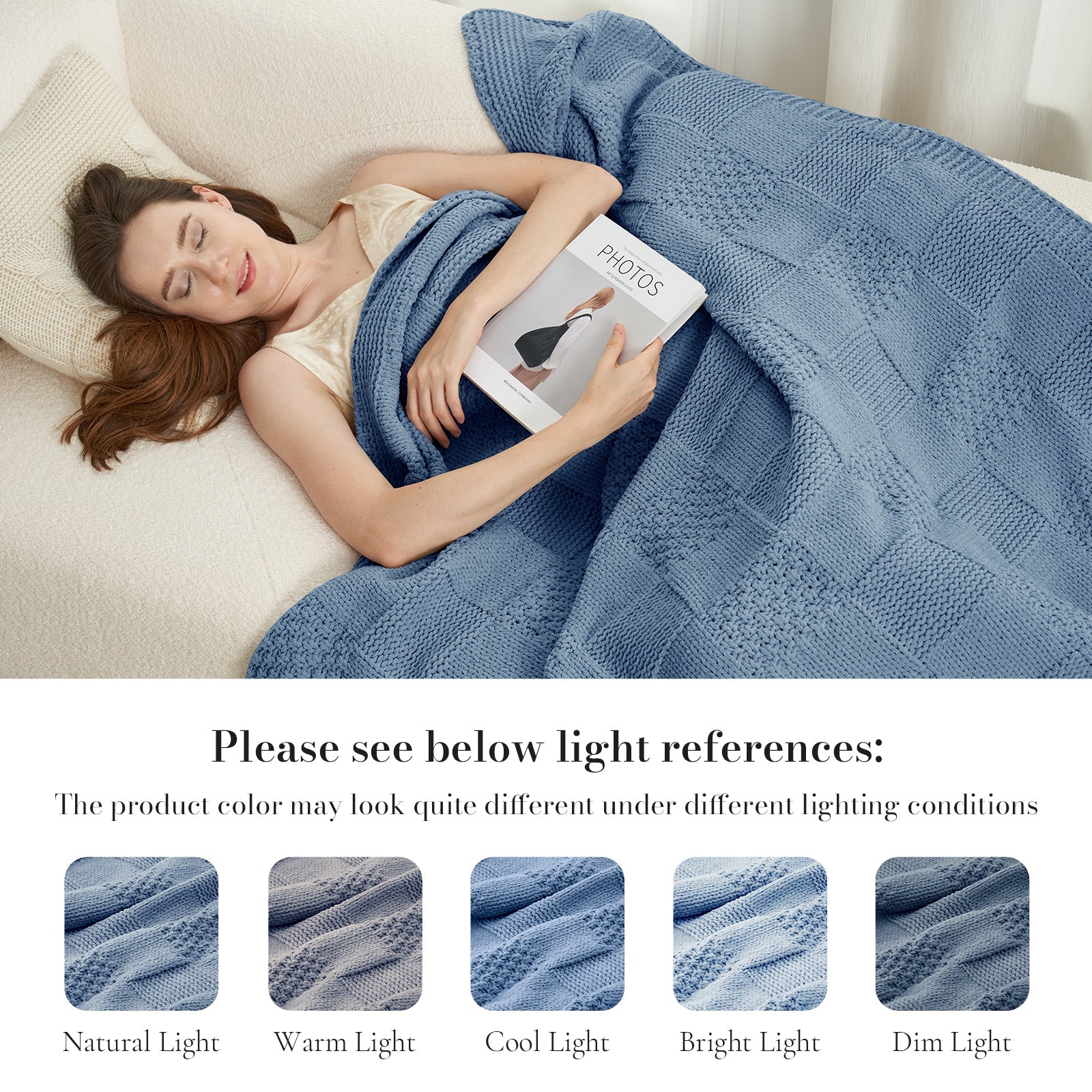 Woman reading a book under a blue blanket on a couch with light references below. #color_Washing Blue