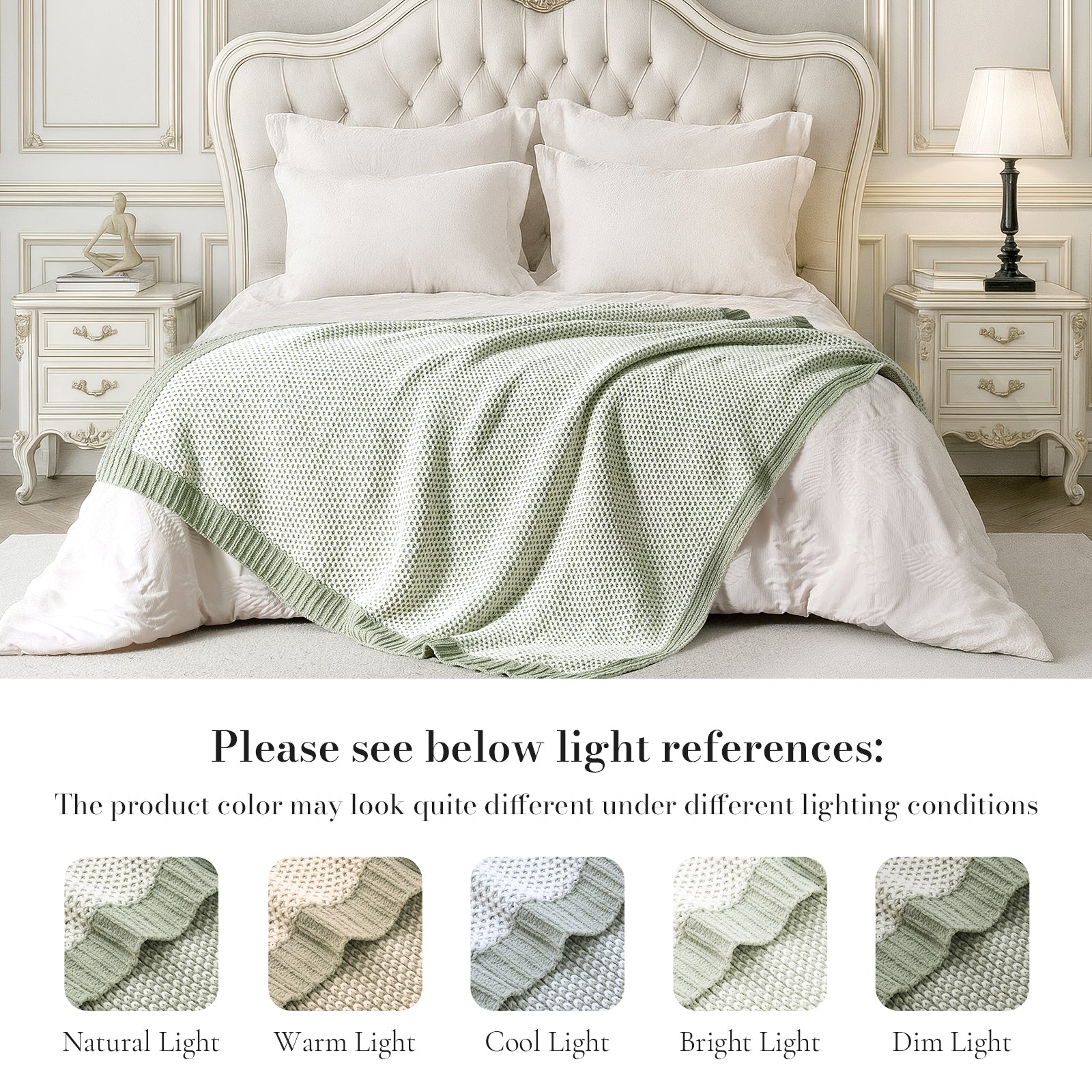 Two tone chenille knit throw blanket in Sage Green layered on bed with lighting reference showing color variations #color_Sage Green