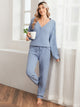 Snuggle Sac women long sleeve V-neck knit loungewear set in Blue, styled in a cozy indoor lifestyle setting with a relaxed fit #color_Blue