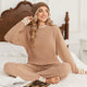 Snuggle Sac women long sleeve crewneck knit loungewear set in Khaki, styled in a cozy bedroom setting with a relaxed and comfortable fit #color_Khaki