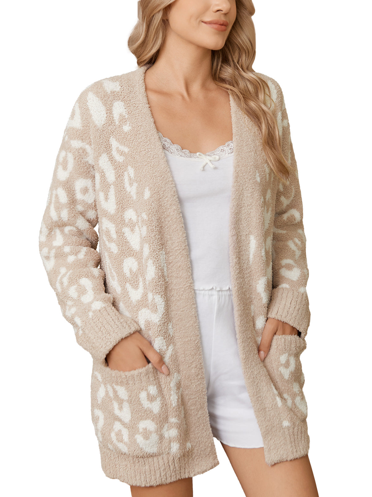 Woman wearing a beige cardigan with white leopard print pattern on a white background #color_Leopard Beige