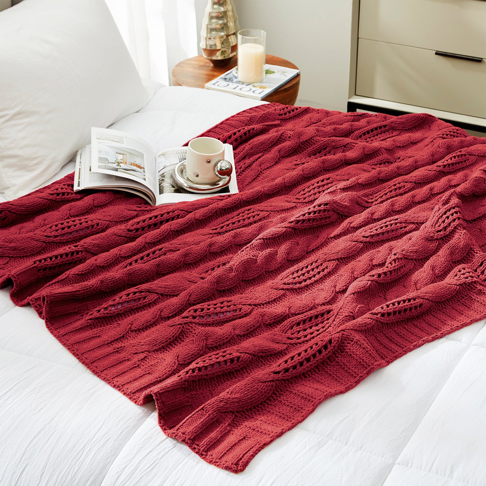 Close up of cable chenille knit throw blanket in Red showcasing soft cable knit texture #color_Red