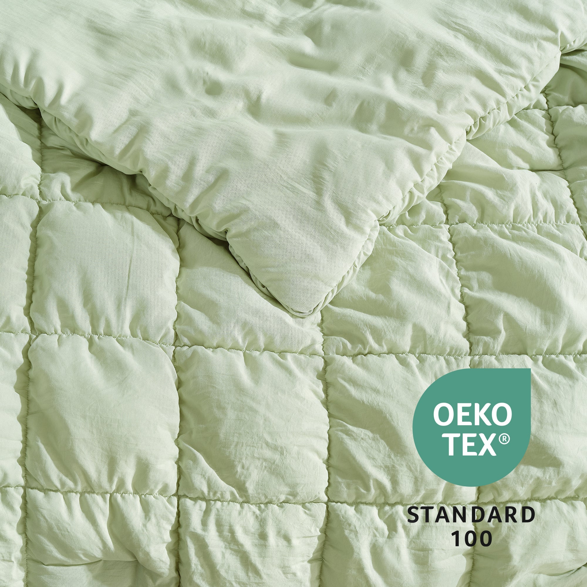 Snuggle Sac All-Season Bubble Comforter Set on bed with OEKO TEX Certificate#color_Sage Green