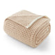 Folded  Soft Waffle Feather Yarn Knit Throw Blanket with a white background#Color_Beige