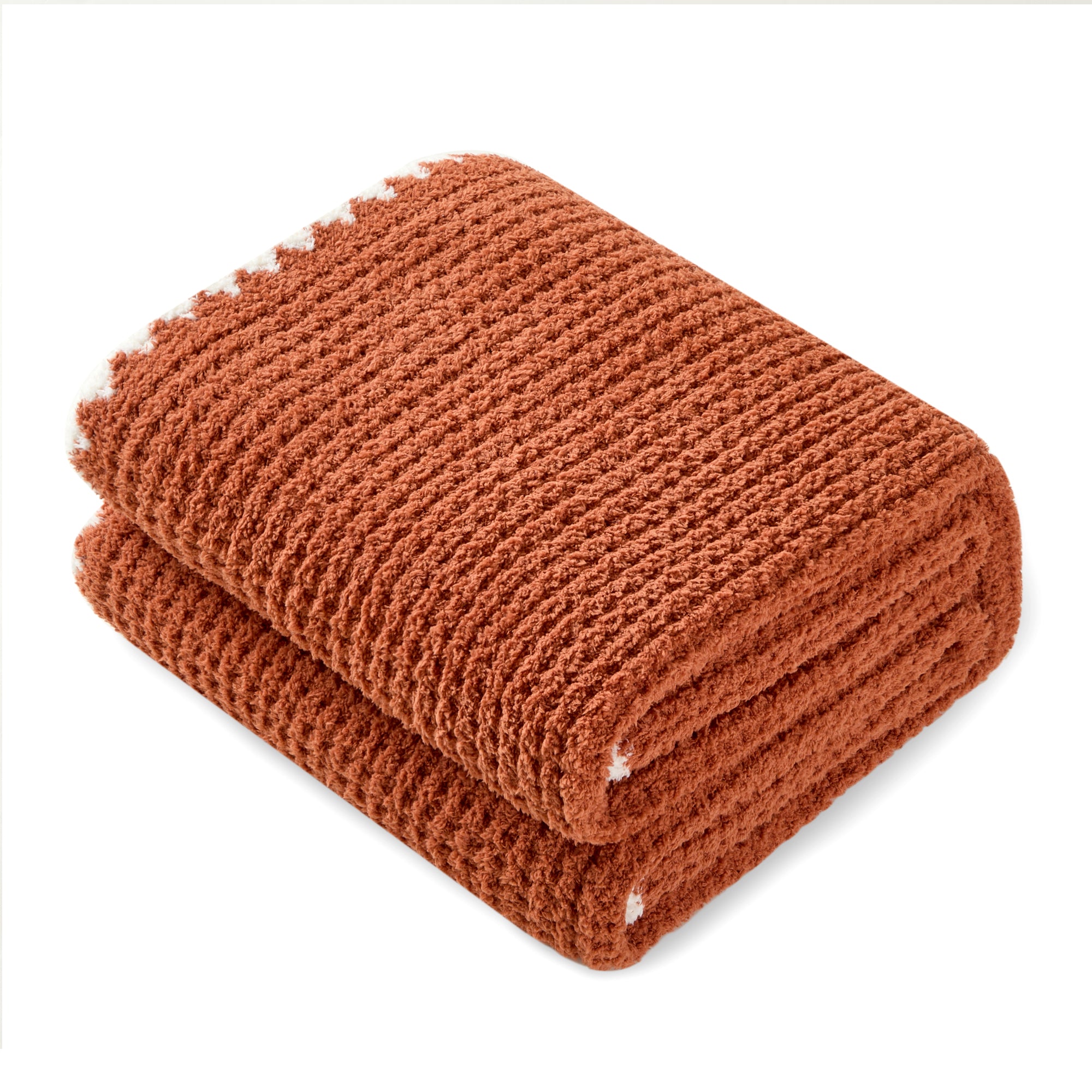 Folded Soft Waffle Feather Yarn Knit Throw Blanket with a white background#color_Orange