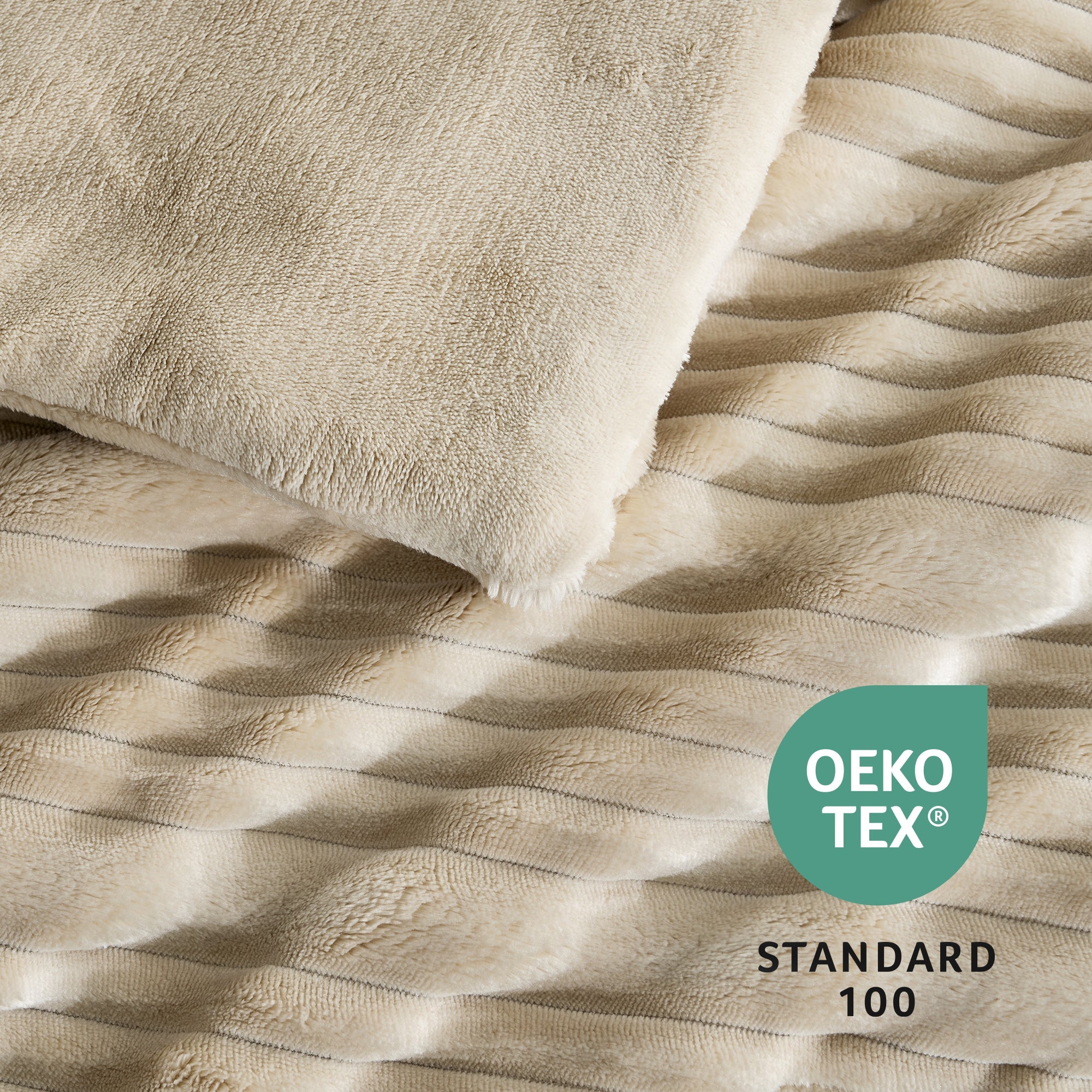 Snuggle Sac Winter Striped Flannel Fleece Comforter Set on bed with OEKO TEX Certificate#color_Beige