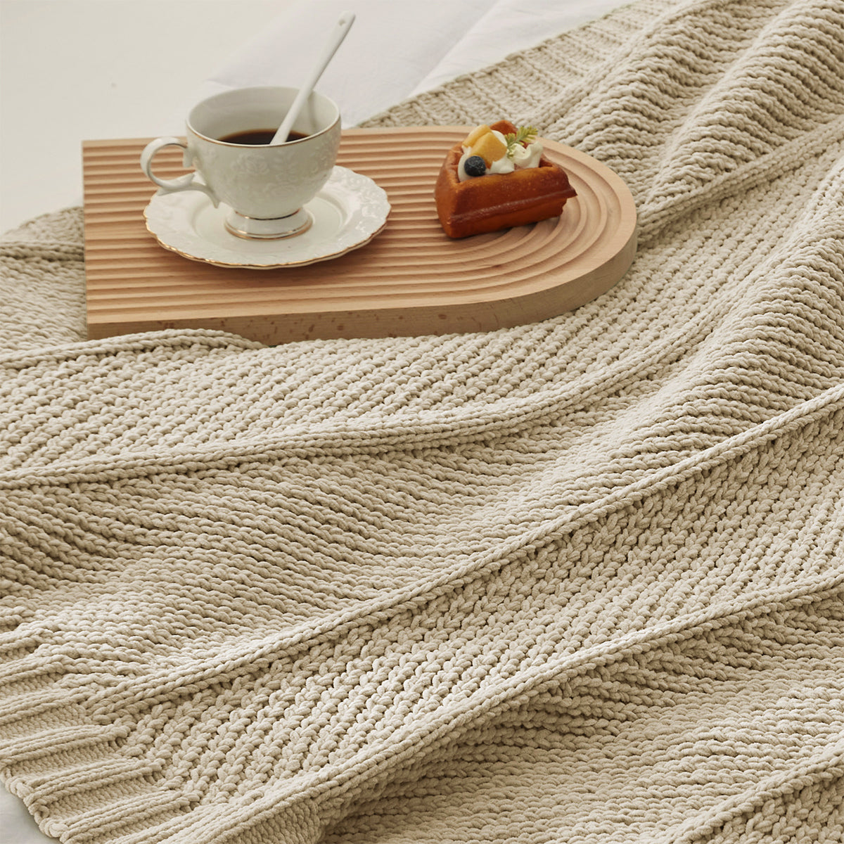 Close up of chevron chenille knit throw blanket in Beige showing textured weave #color_Beige