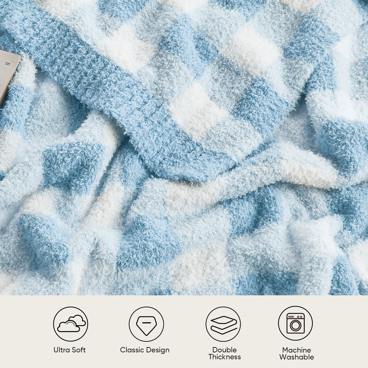 Close up of Plaid Knit Feather Yarn Knit Throw Blanket, featuring 'Ultra Soft, Classic Design, Double Thickness and Machine Washable' #color_Ice Blue