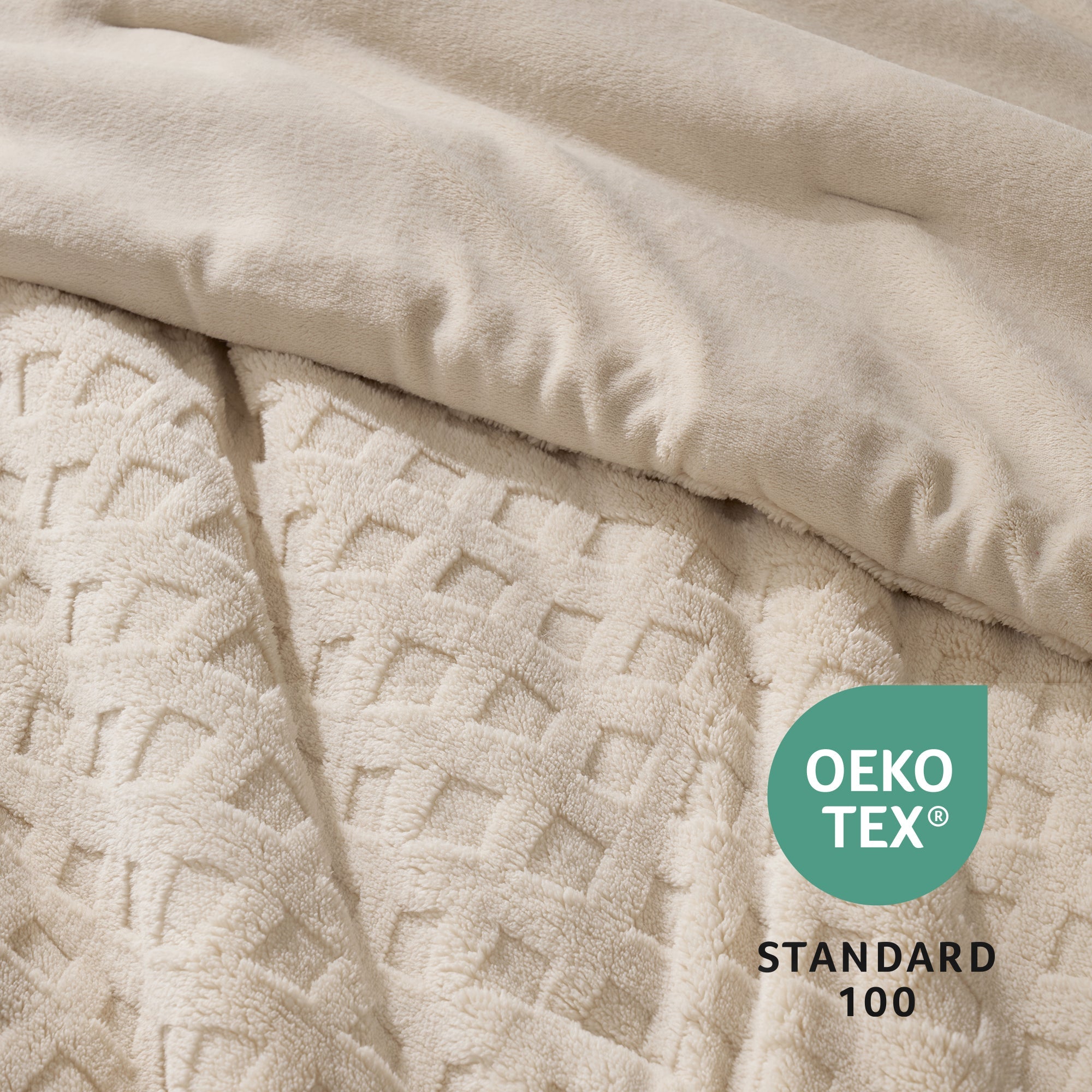 Snuggle Sac Winter Jacquard Cuddle Soft Waffle Comforter Pillow in khaki on bed with OEKO TEX Certificate#color_Khaki