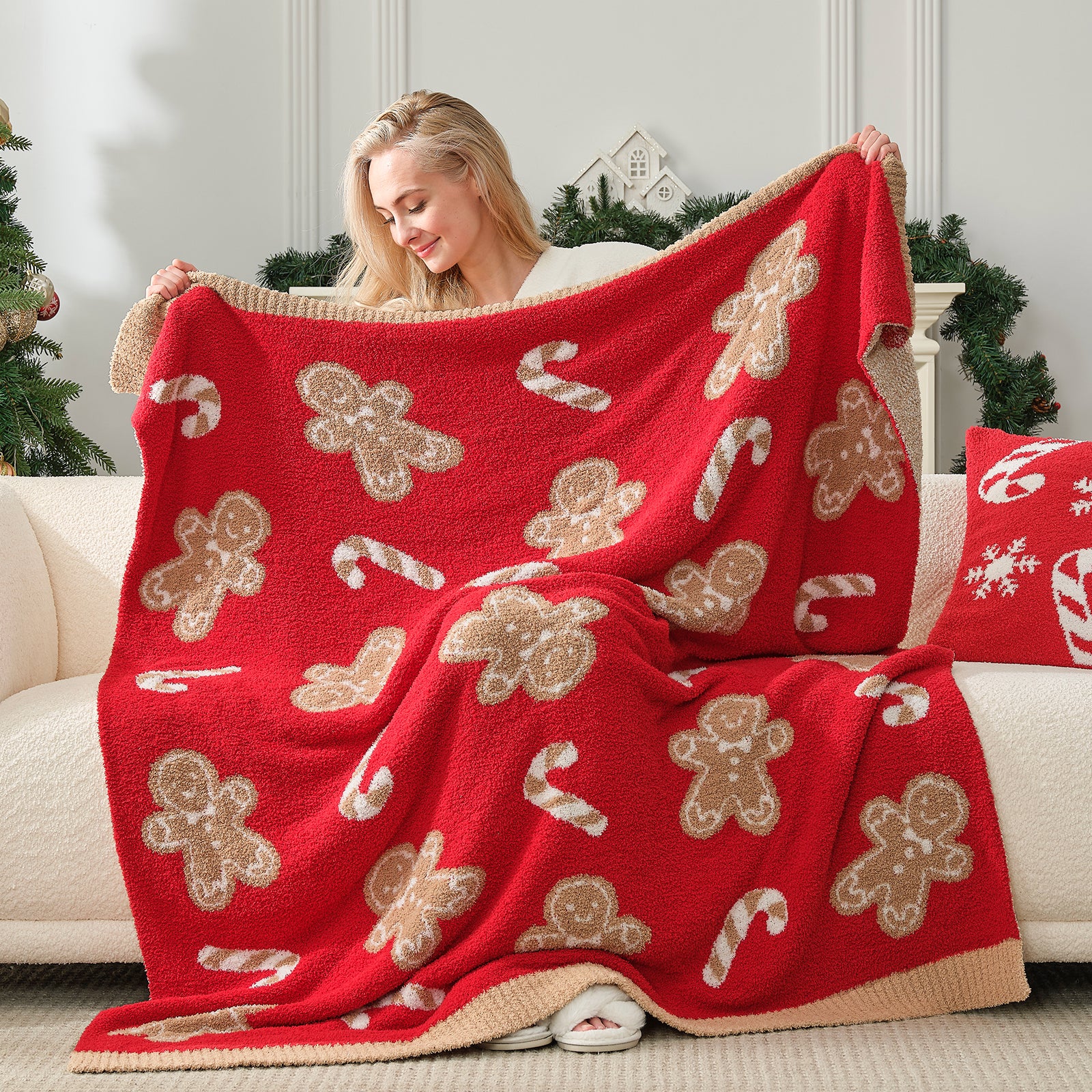 Gingerbread Man Red Candy Cane Throw Blanket