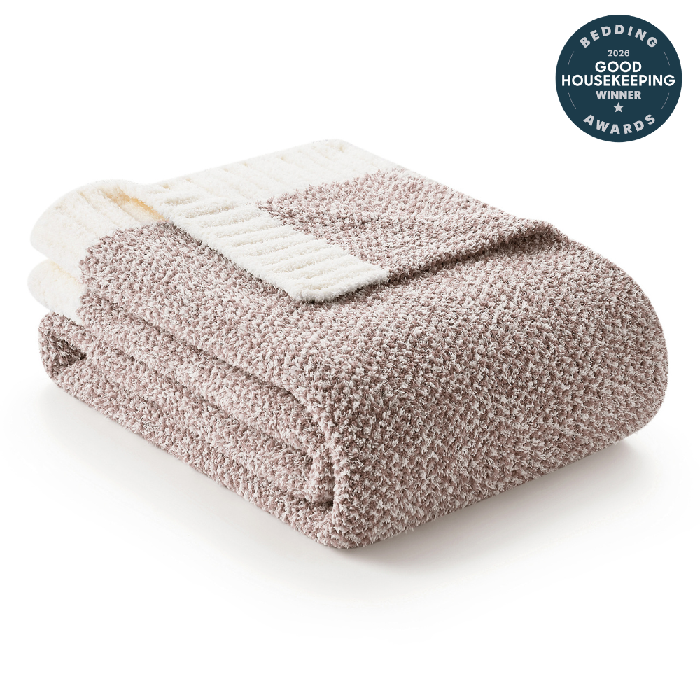 Snuggle Sac Heather Feather Yarn Taupe Knit Throw Blanket front view #Color_Taupe