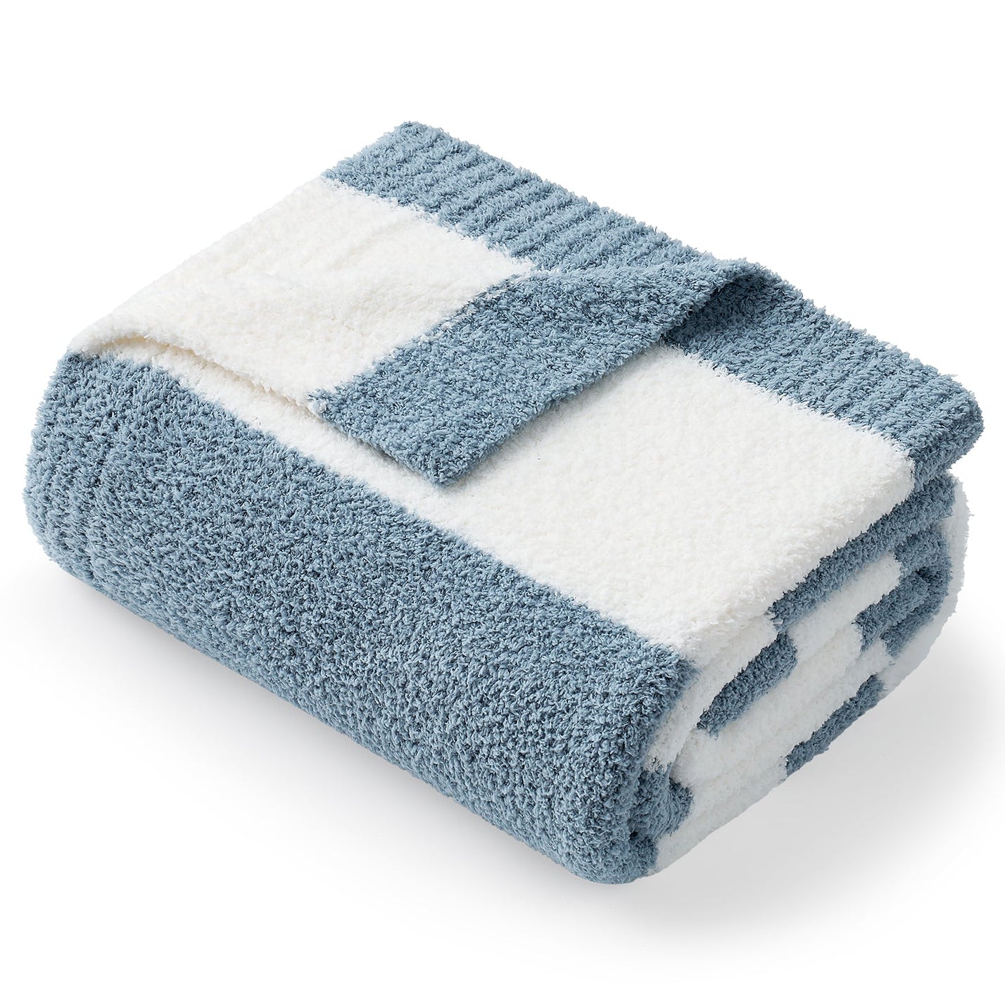 SnugCozy Reversible Blue Striped Feather Yarn Knit Throw Blanket