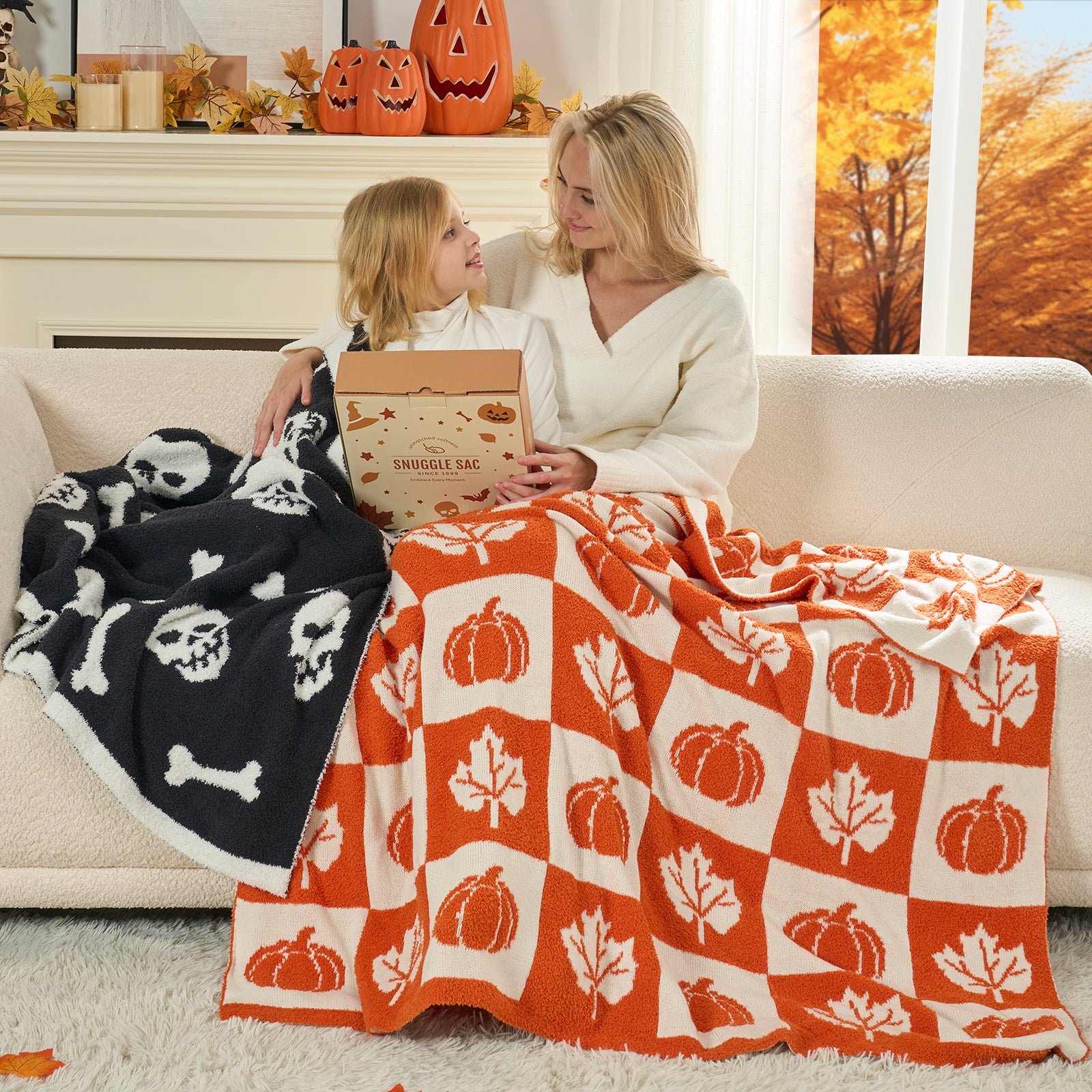 MochiSoft™ Checkered Pumpkin Maple Leaf Throw Blanket