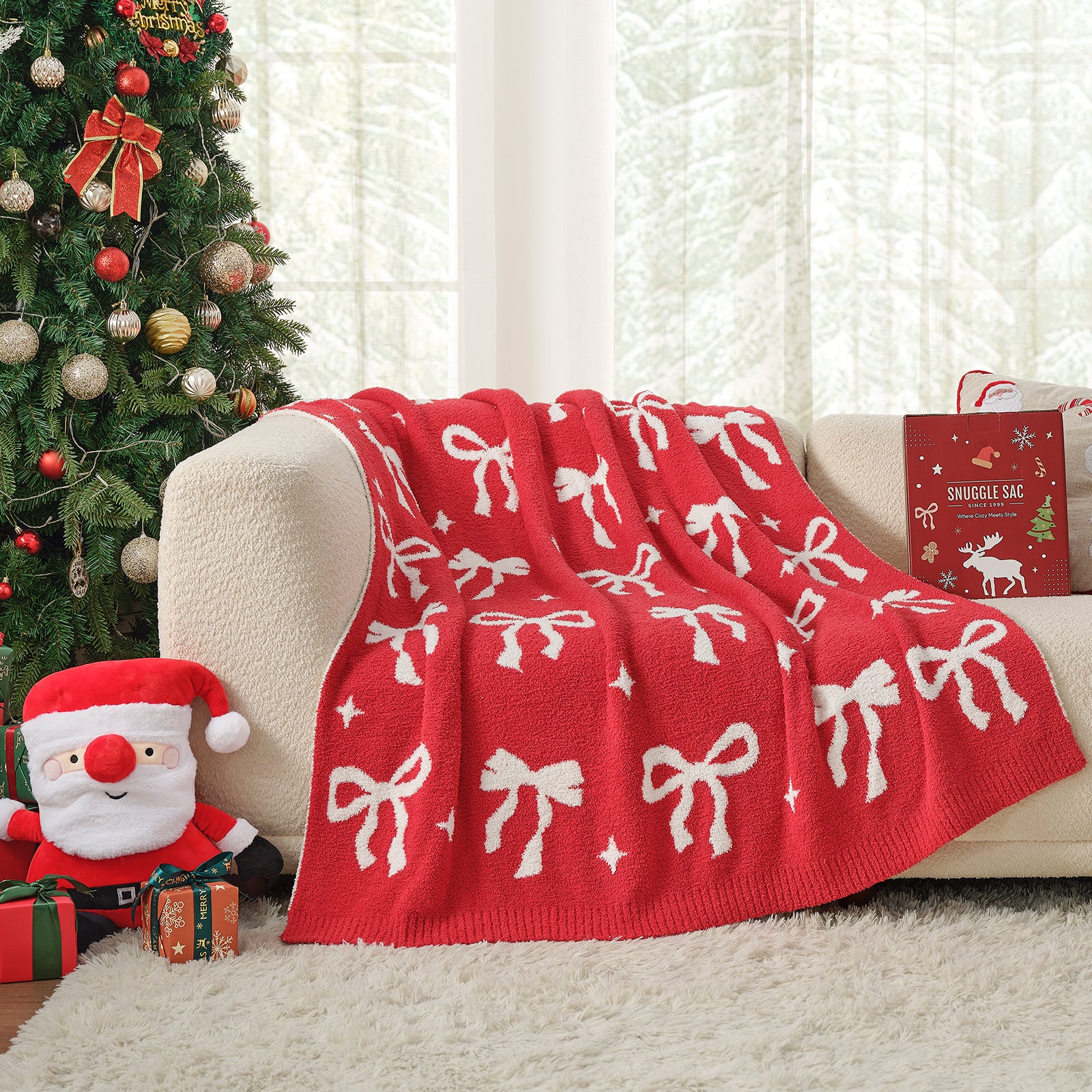 Reversible Red Bow Christmas Throw Blanket