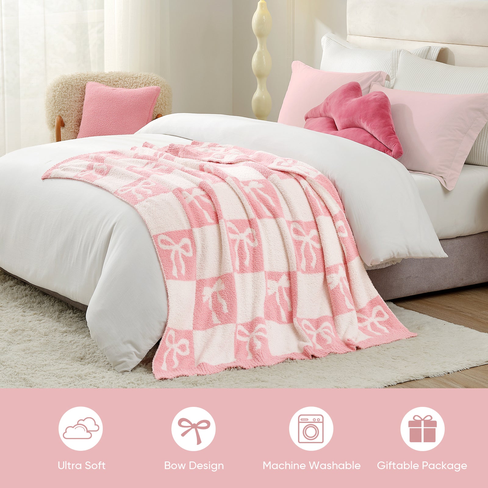 SnugCozy Reversible Checkered Bow Feather Yarn Knit Throw Blanket