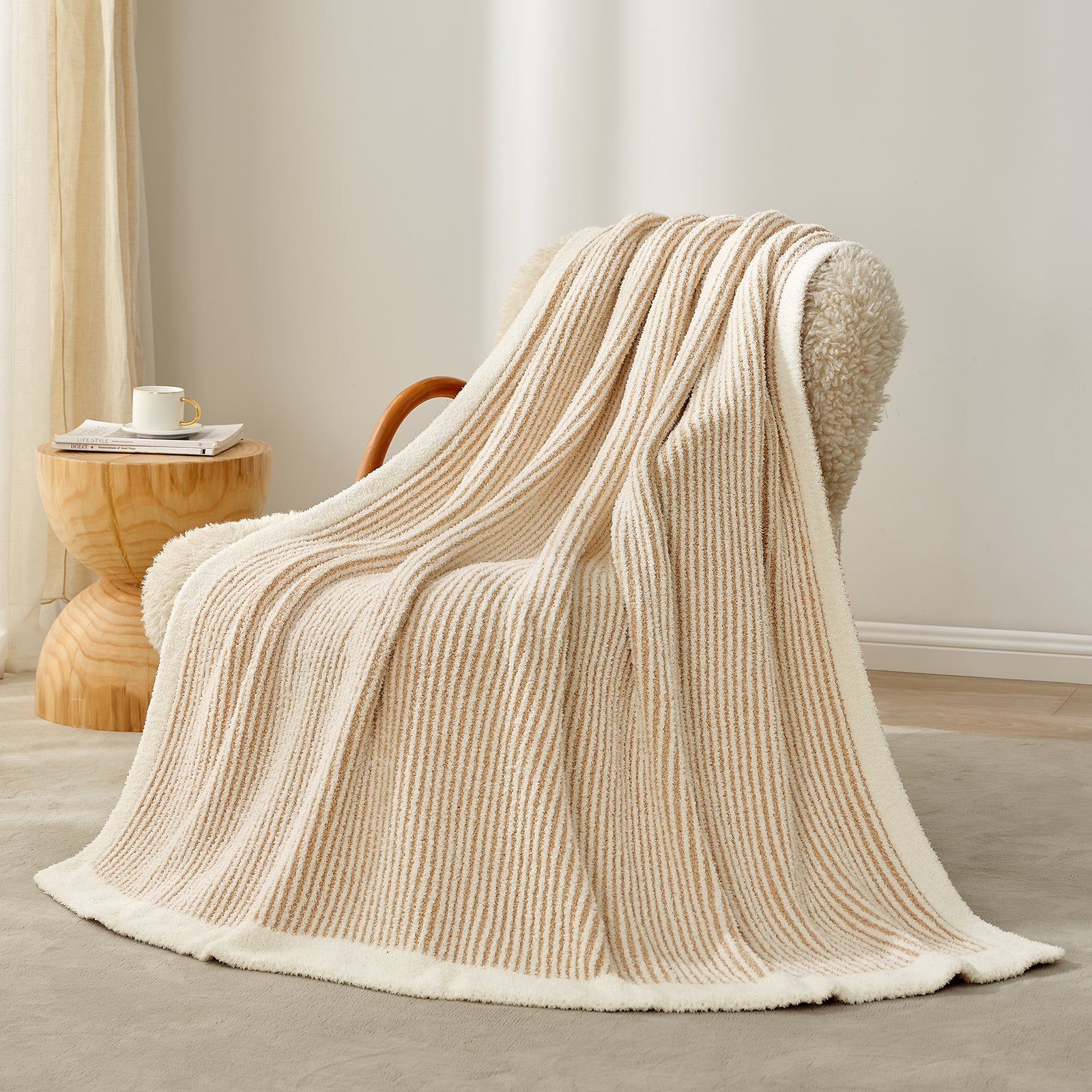 UltraSoft Ribbed Feather Yarn Knit Throw Blanket on the beige couch#color_Cream/Beige