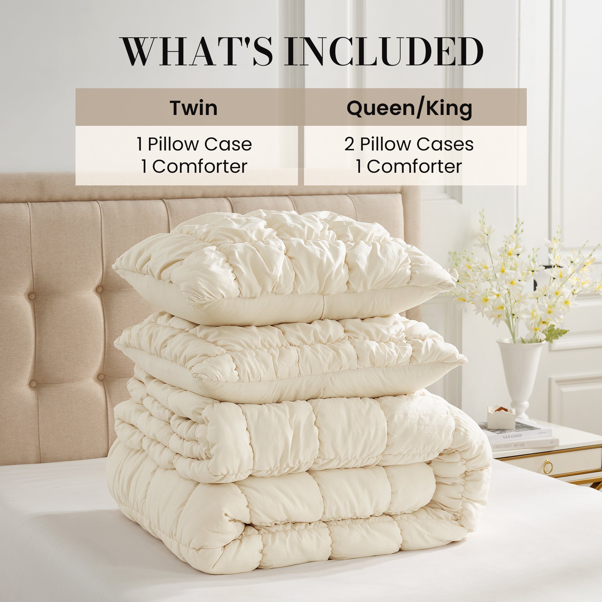 Snuggle Sac All-Season Bubble Comforter Set on bed with different sizes included#color_Beige