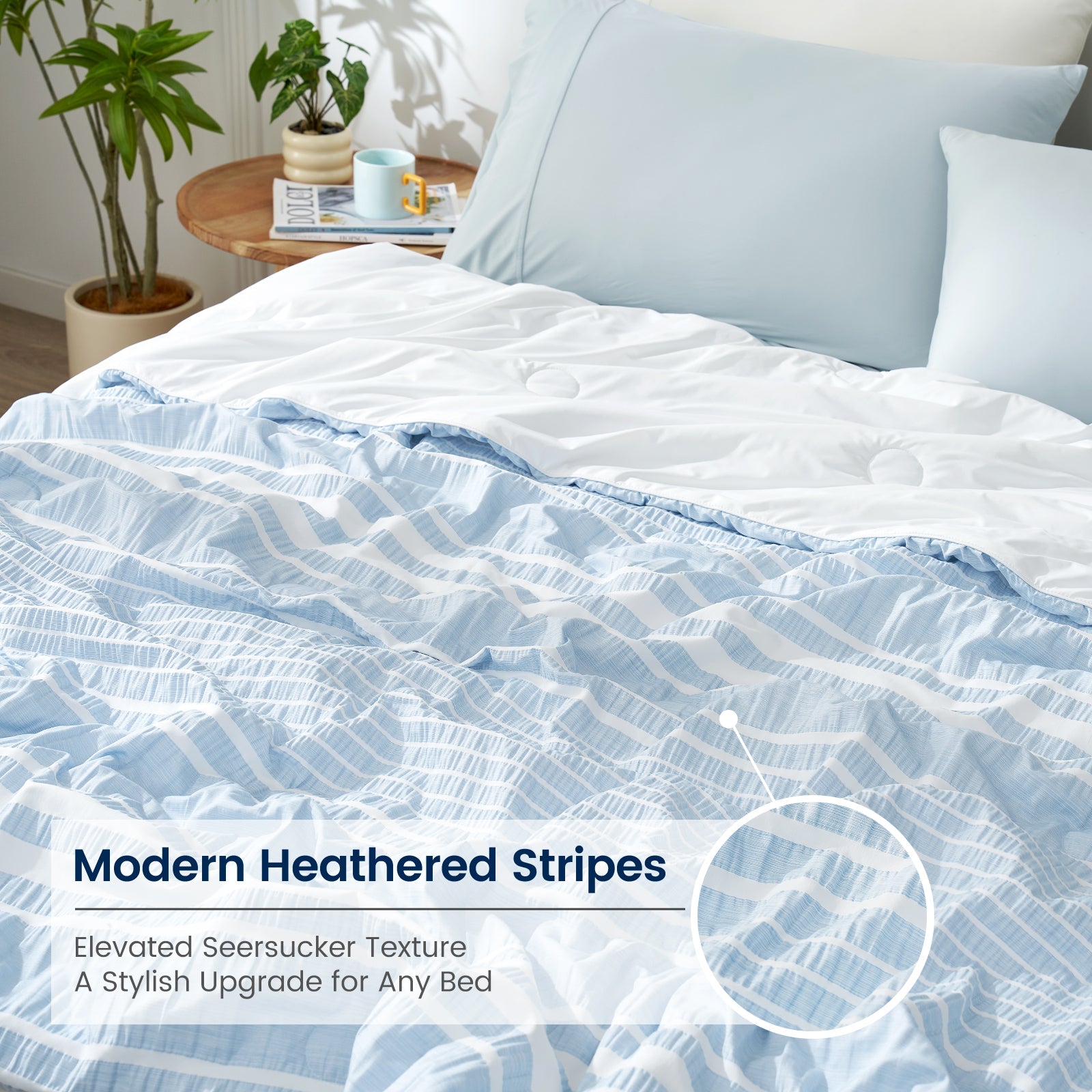 Snuggle Sac striped seersucker cooling comforter in Sky Blue showcasing elevated textured pattern #color_Sky Blue