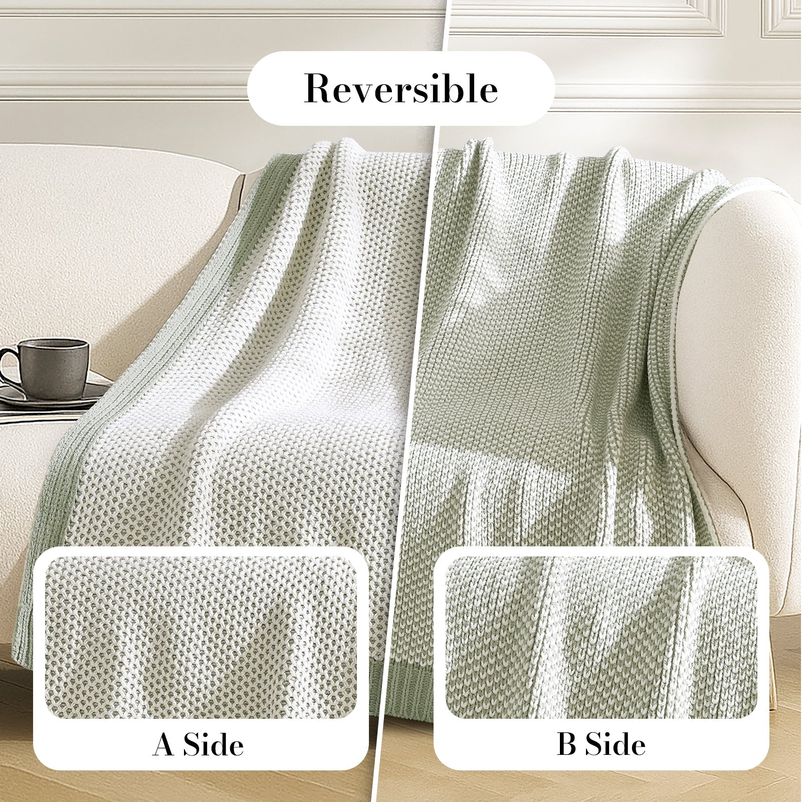Reversible green blanket draped over a chair with two inset images showing different patterns. #color_Sage Green